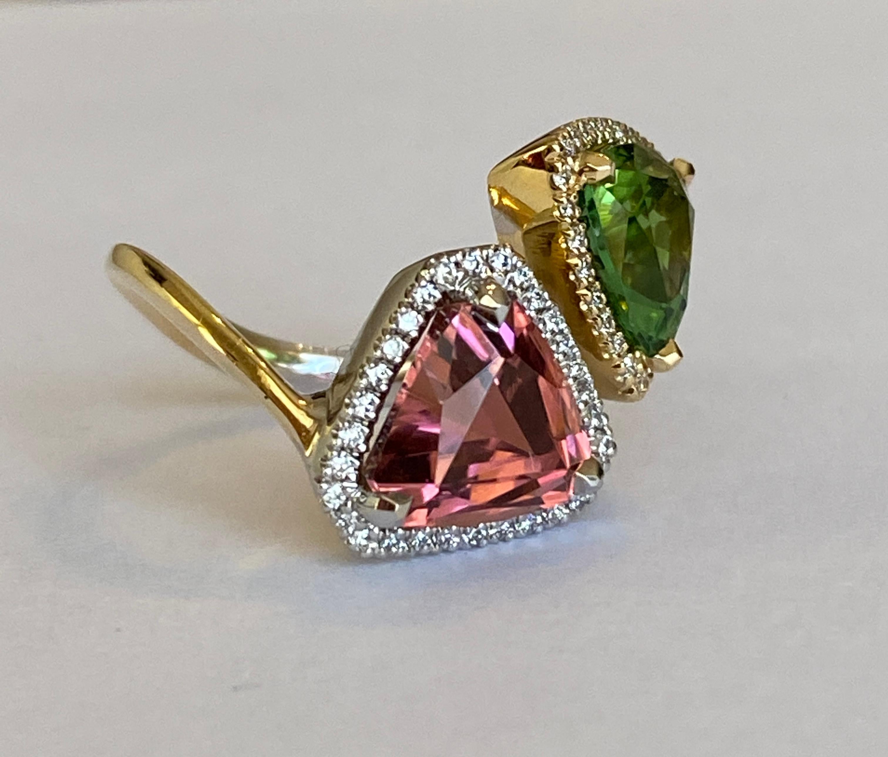 Anello da cocktail con tormaline e diamanti certificato ALGT Toi et Moi da 5,84 carati In condizioni Nuovo in vendita a AMSTERDAM, NL