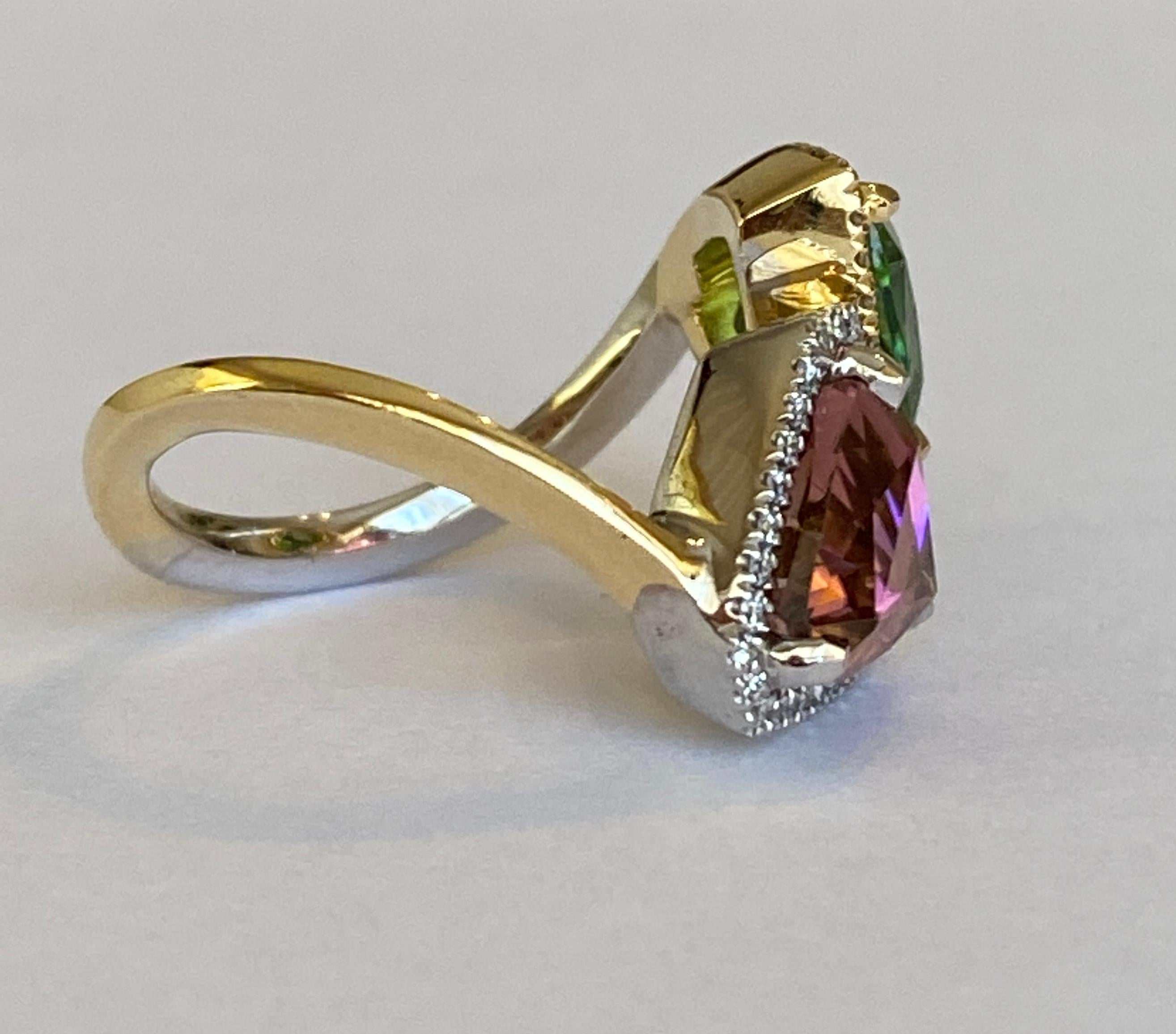 Anello da cocktail con tormaline e diamanti certificato ALGT Toi et Moi da 5,84 carati in vendita 1