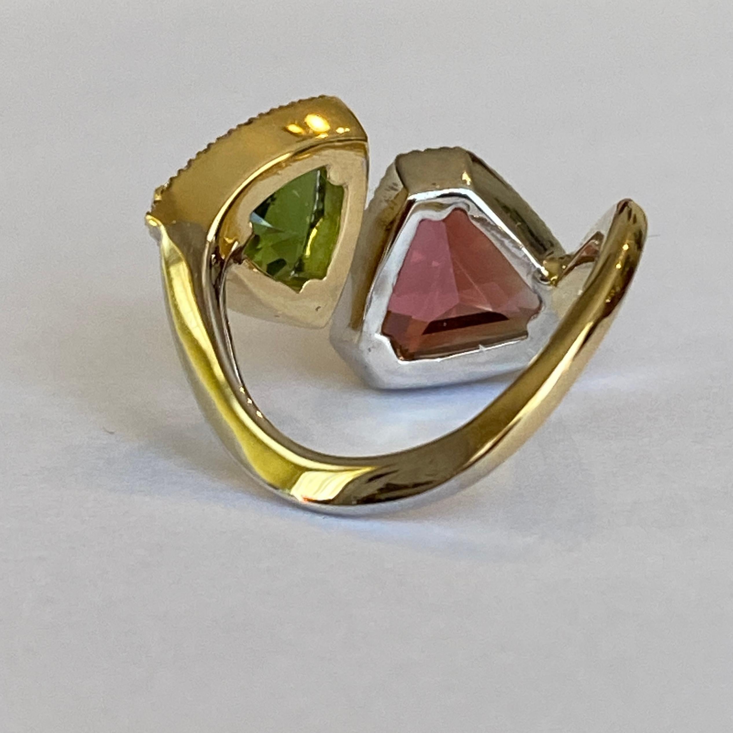 Anello da cocktail con tormaline e diamanti certificato ALGT Toi et Moi da 5,84 carati in vendita 2