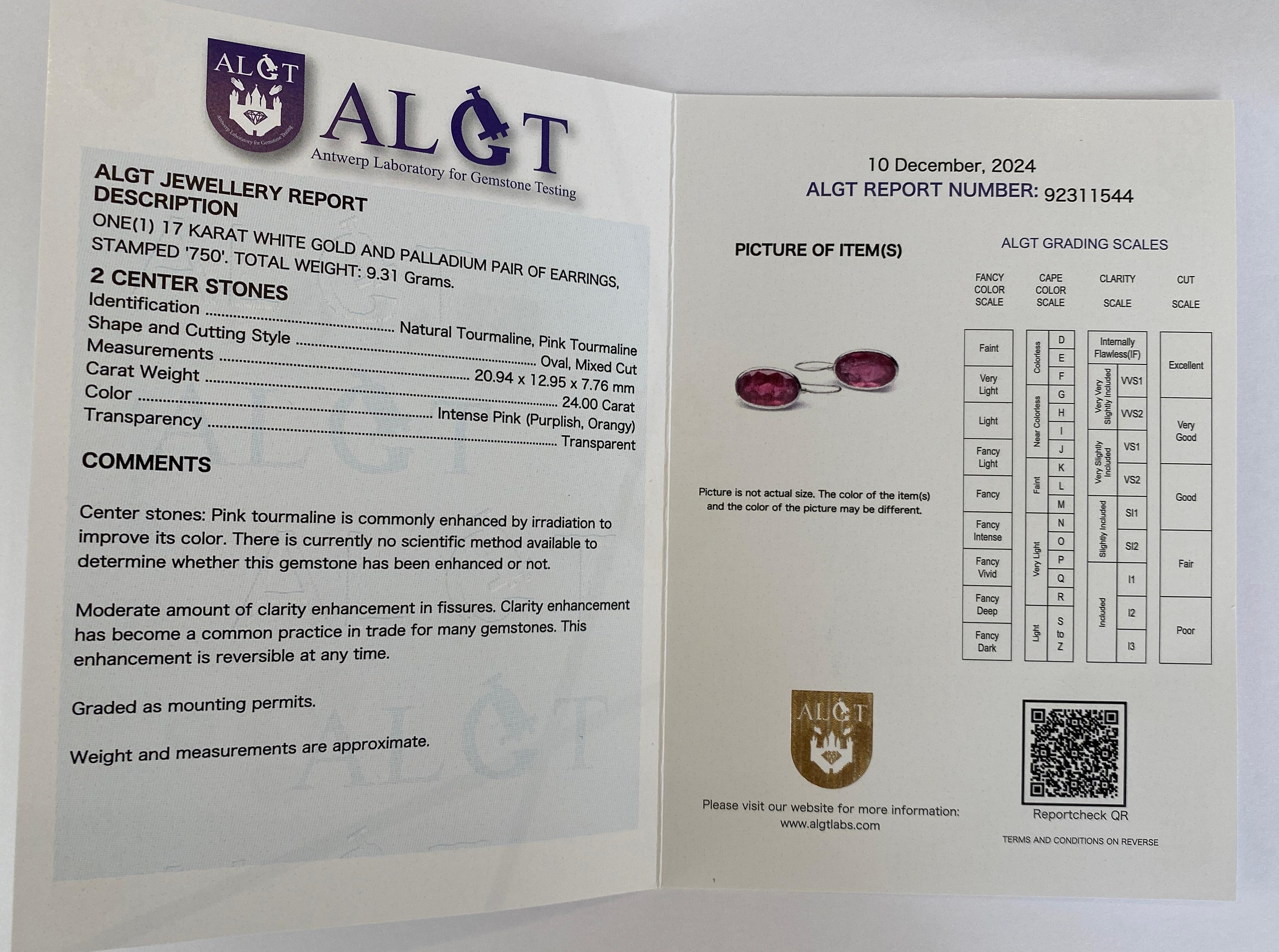 ALGT  Certificato  Nature 24  Orecchini in oro bianco con tormalina rosa da un carato in vendita 9
