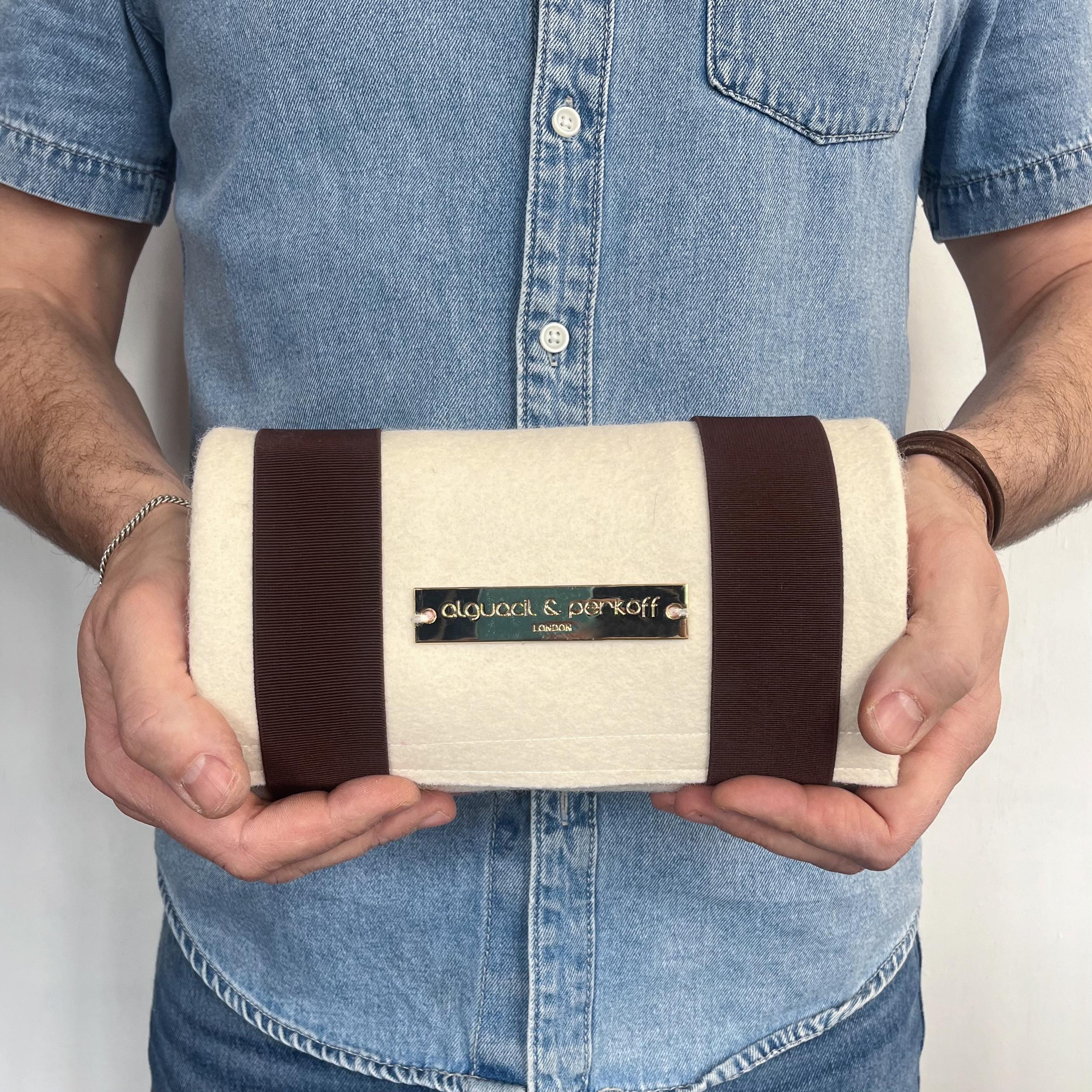 Alguacil & Perkoff complete sample case has been designed for trade professionals to review or present the variety of mirror tints and frame finishes we offer or to use in their mood boards.

Handmade with wool felt, the case has individual pouches