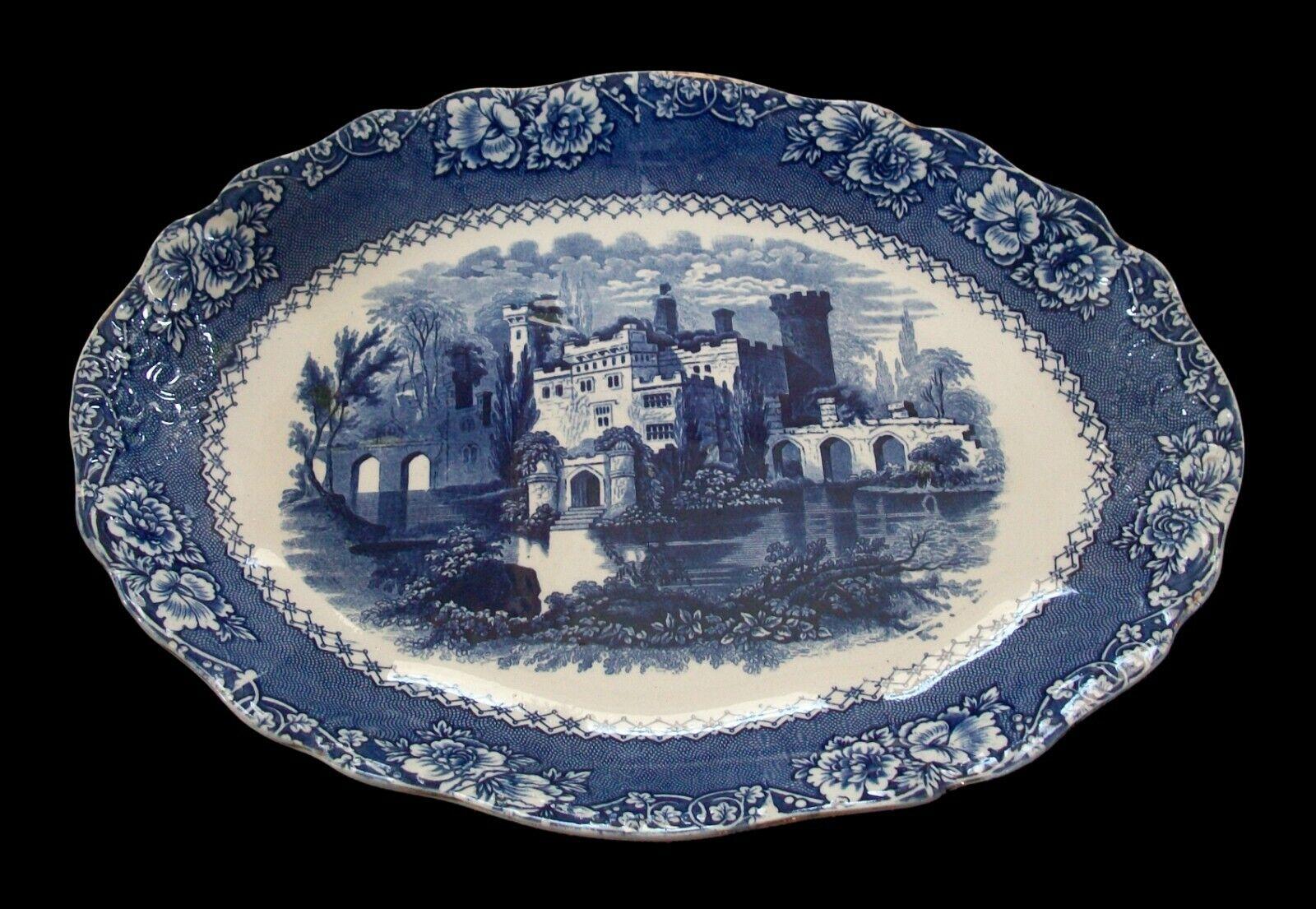 Victorian Alhambra, Antique Blue Transfer Decorated Ironstone Platter, U.K, circa 1850