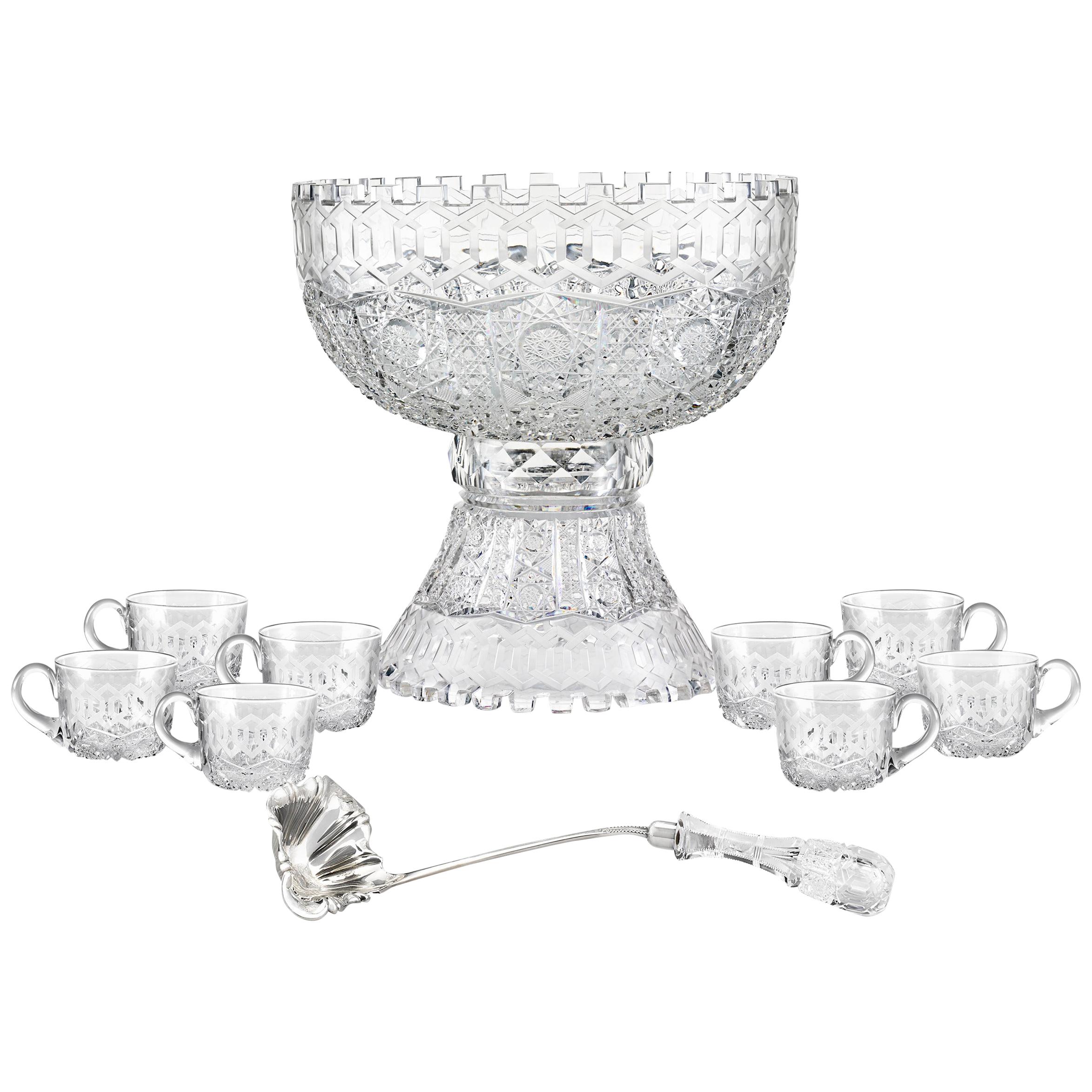 Alhambra Brilliant Period Cut-Glass Punch Bowl Set by Meriden