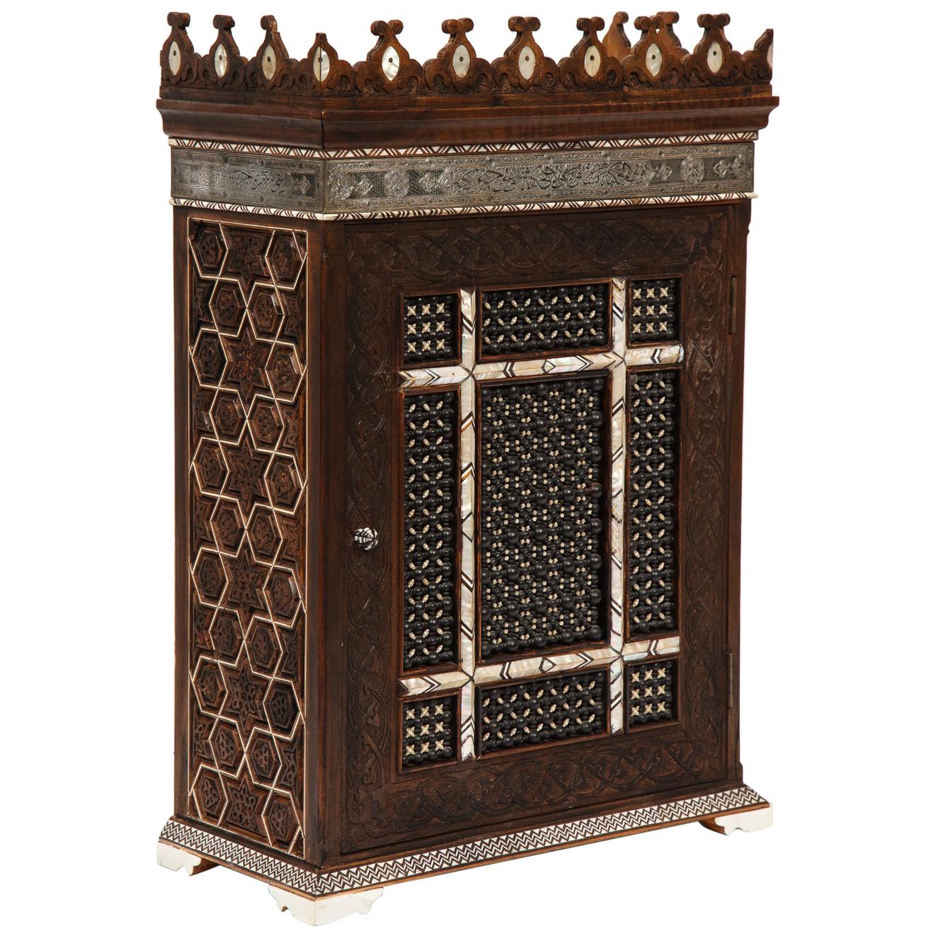 "Alhambra Islamic" Silver, Mother of Pearl, and Bone Inlaid Wall Hanging Cabinet