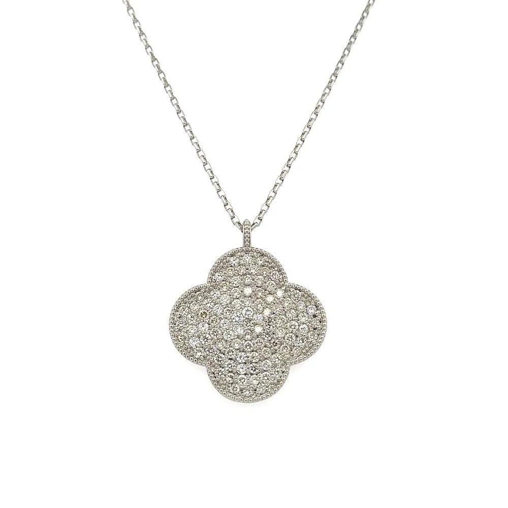 Round Cut Alhambra Sparkling Pave Diamond Clover Vintage Platinum Pendant Necklace For Sale