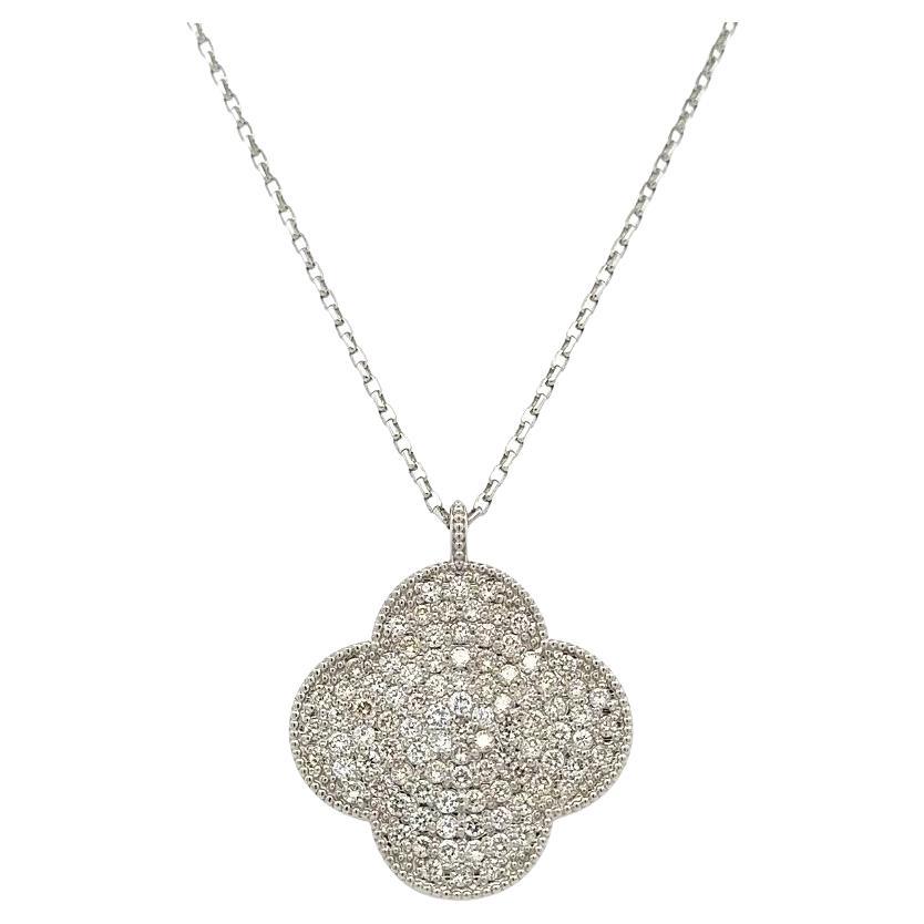 Alhambra Sparkling Pave Diamond Clover Vintage Platinum Pendant Necklace For Sale