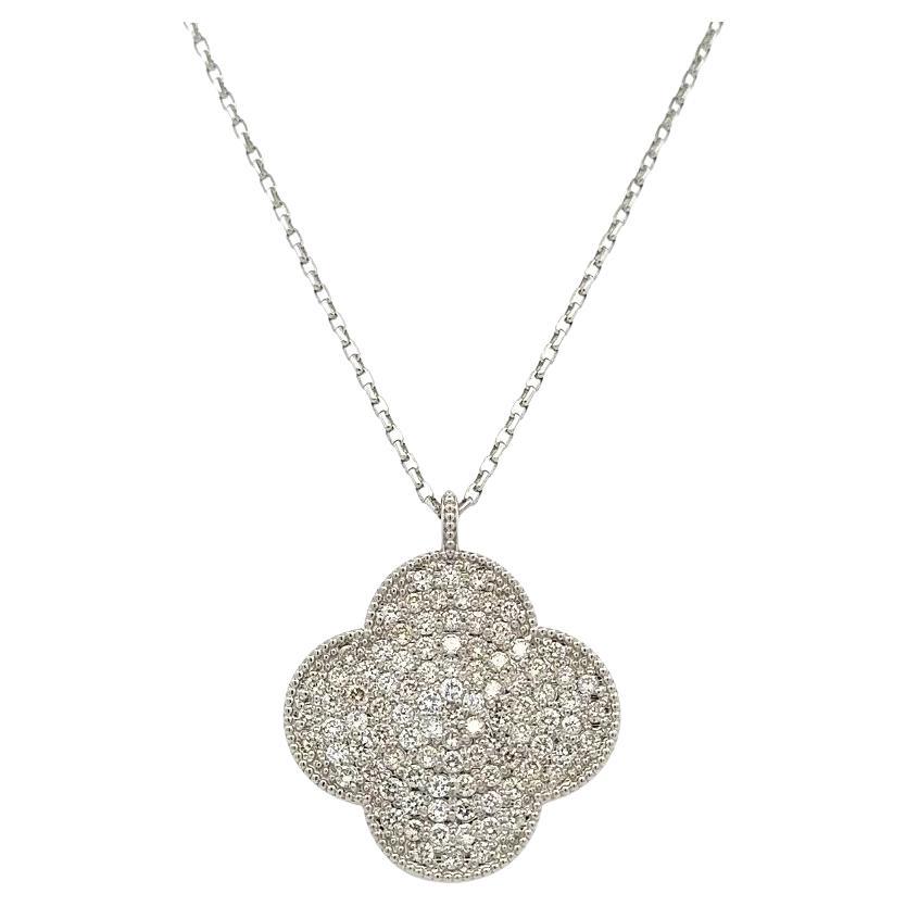 Alhambra Sparkling Pave Diamond Clover Vintage Platinum Pendant Necklace