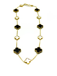 Alhambra Style Schwarz & Weißes Collier 18K Gold auf Sterling Silber