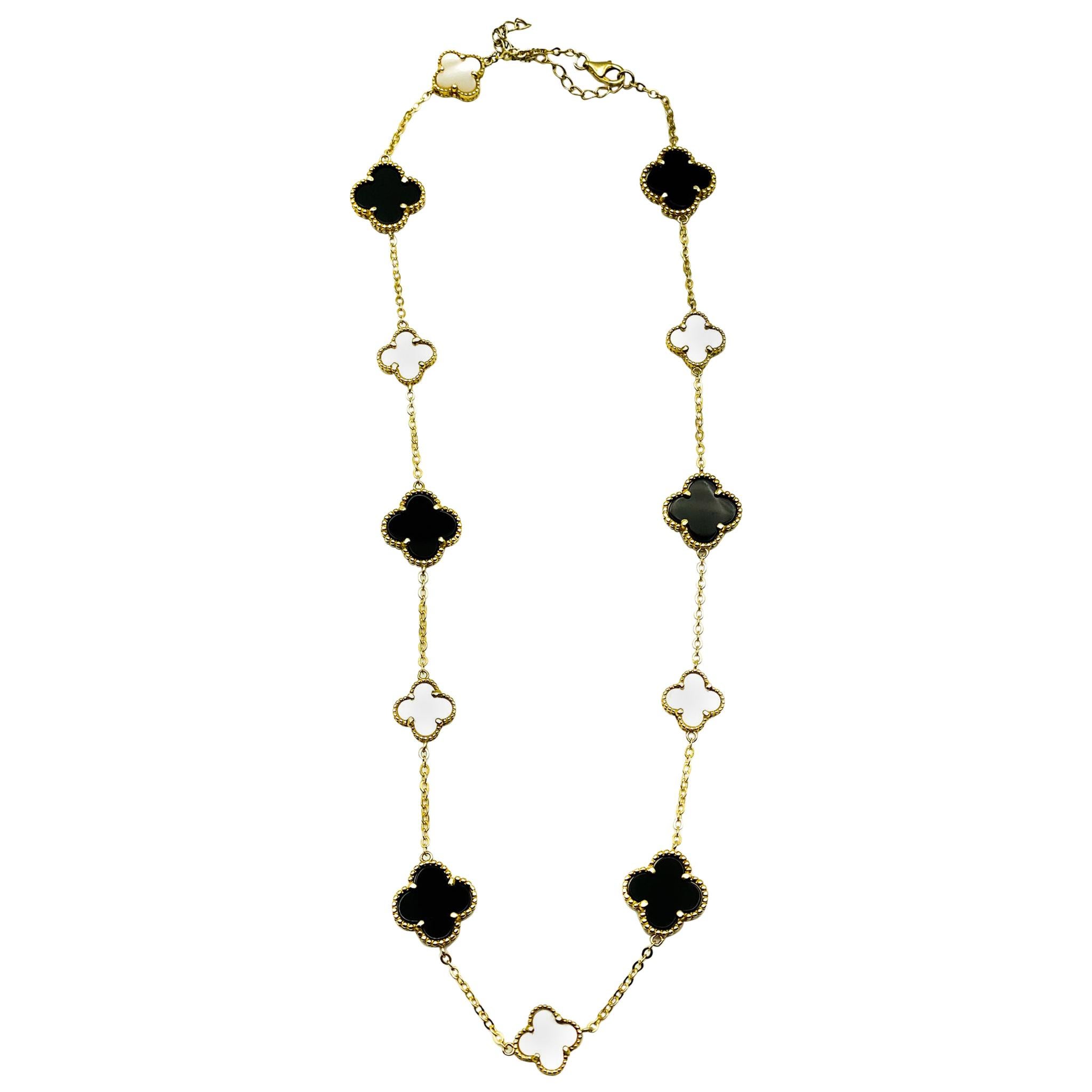 Alhambra Style Black & White Necklace 18K Gold on Sterling Silver