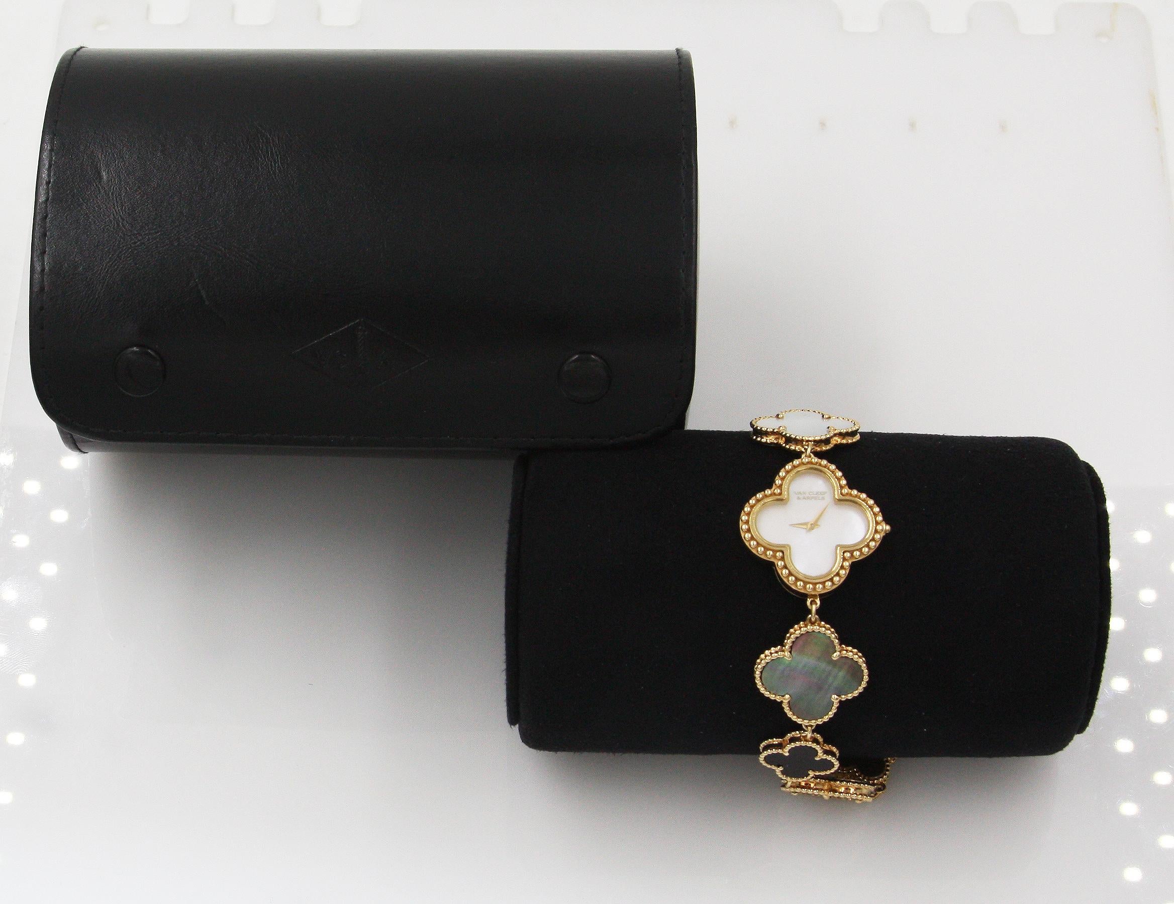 Women's Alhambra Watch, Small Model Yellow Gold, Onyx, Mother of Pearl For Sale