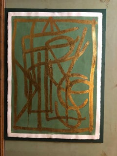 Turkish LA Artist Modernist Abstract Portrait in Gold Leaf on Paper Painting