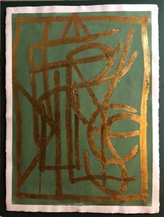 Turkish LA Artist Modernist Abstract Portrait in Gold Leaf on Paper Painting
