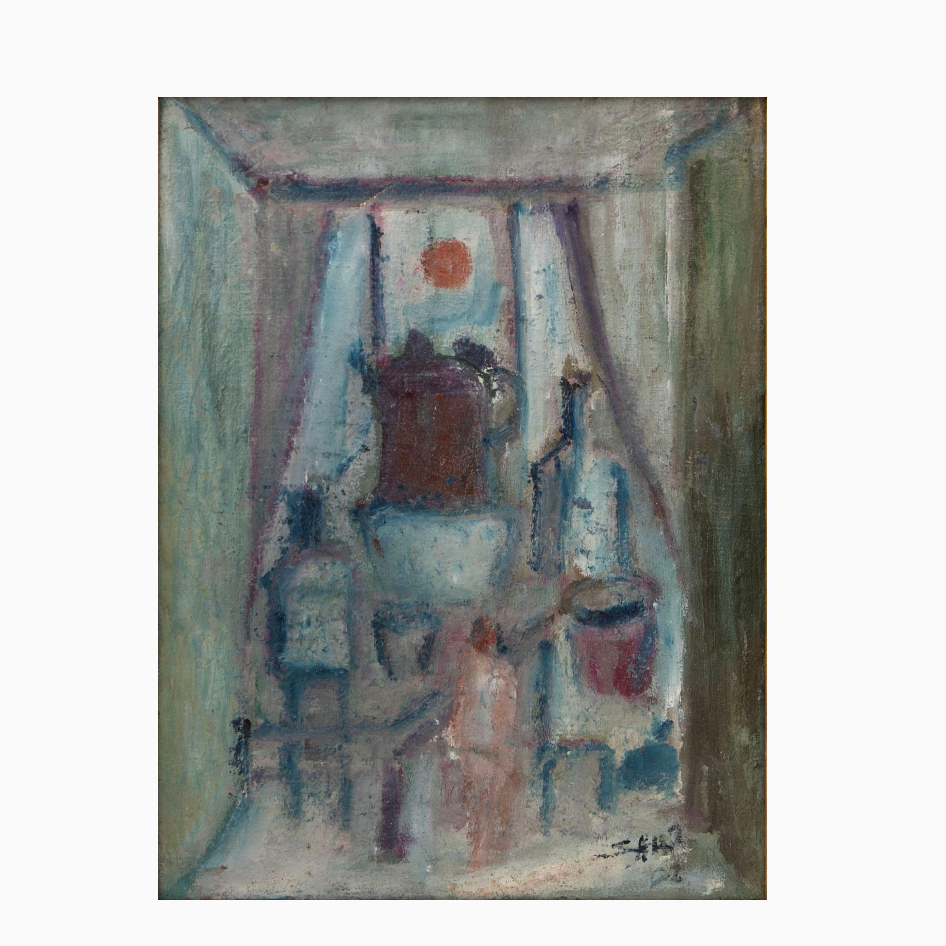 Ali Afshar, b. 1947 (Teheran, Iran).
Painting: Still Life, oil on canvas. Signed. Framed in a gilt wooden frame that complements the painting well.
Frame dimensions: H: 61 x 49 x 3  Canvas dimensions: 47 x 35.

The painting was exhibited in