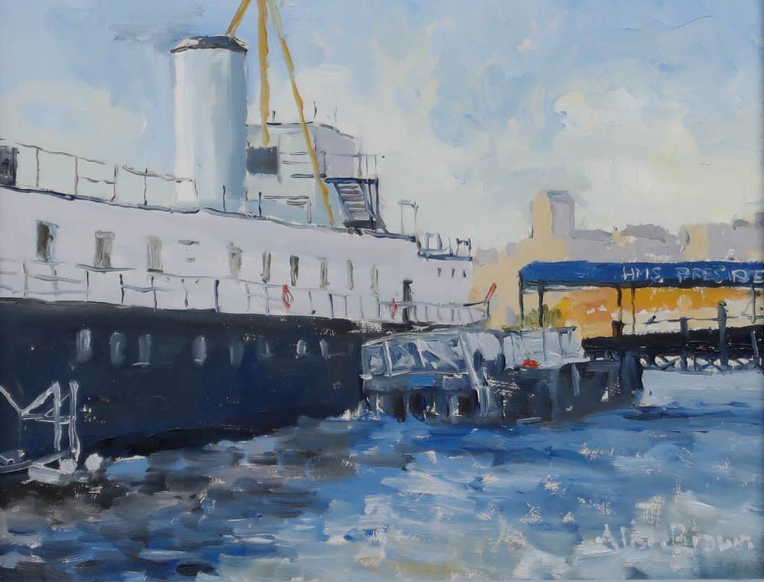 Alan Brown - Óleo contemporáneo enmarcado, HMS President, Río Támesis - Painting de  Ali Alışır