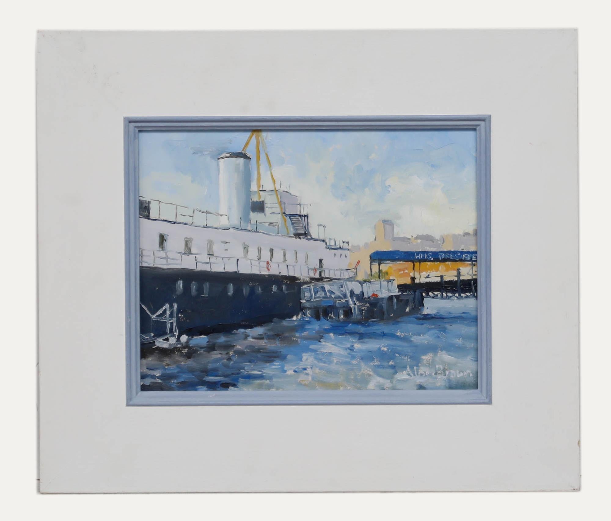Figurative Painting de  Ali Alışır - Alan Brown - Óleo contemporáneo enmarcado, HMS President, Río Támesis