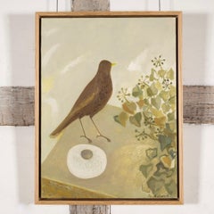 Uccello nero e ciottolo scultoreo, olio su tavola di Jo Aylward, 2024