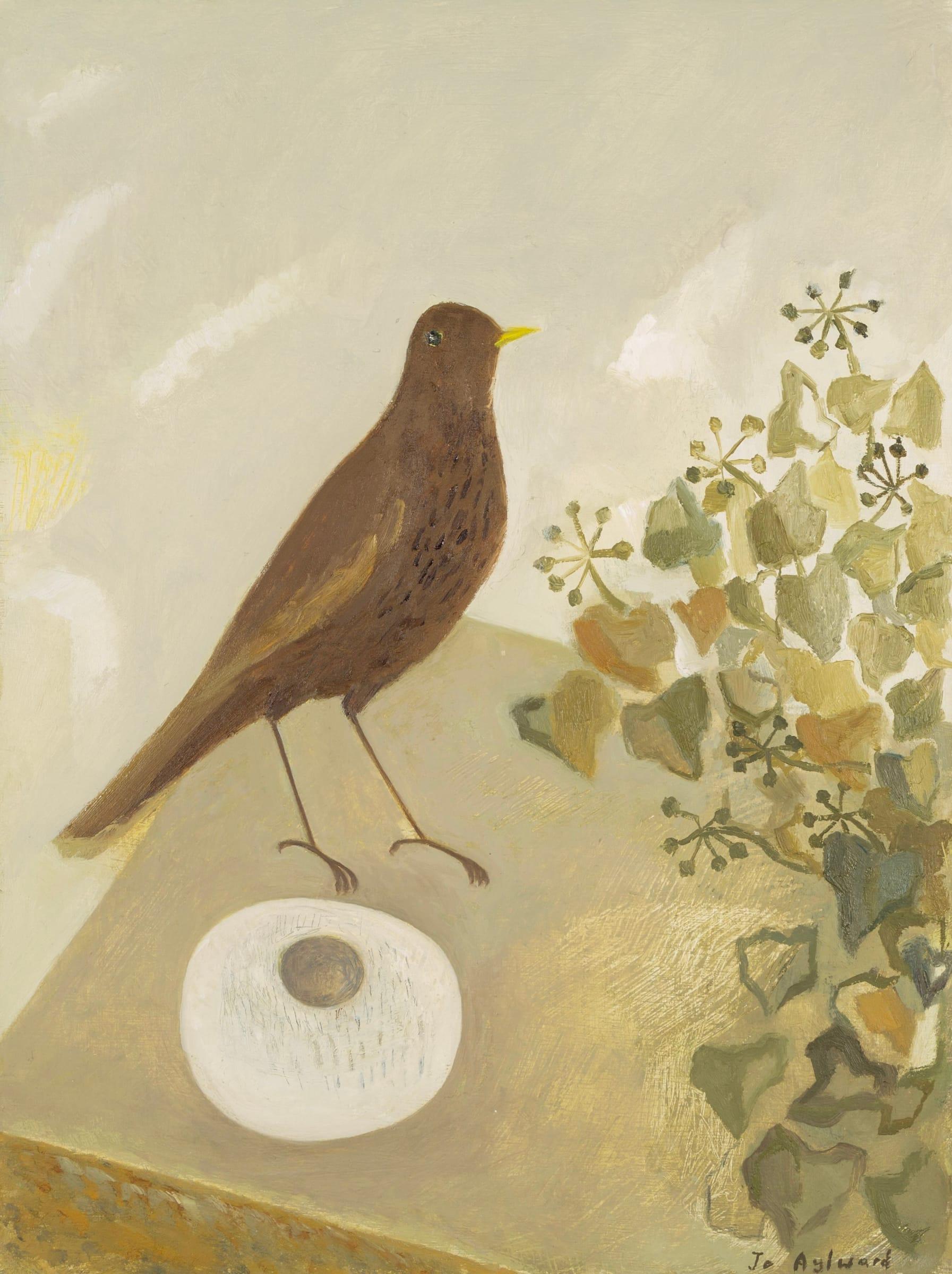 Animal Painting di  Ali Alışır - Uccello nero e ciottolo scultoreo, olio su tavola di Jo Aylward, 2024