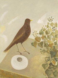Black Bird and Sculptural Pebble, oil on board by Jo Aylward, 2024
