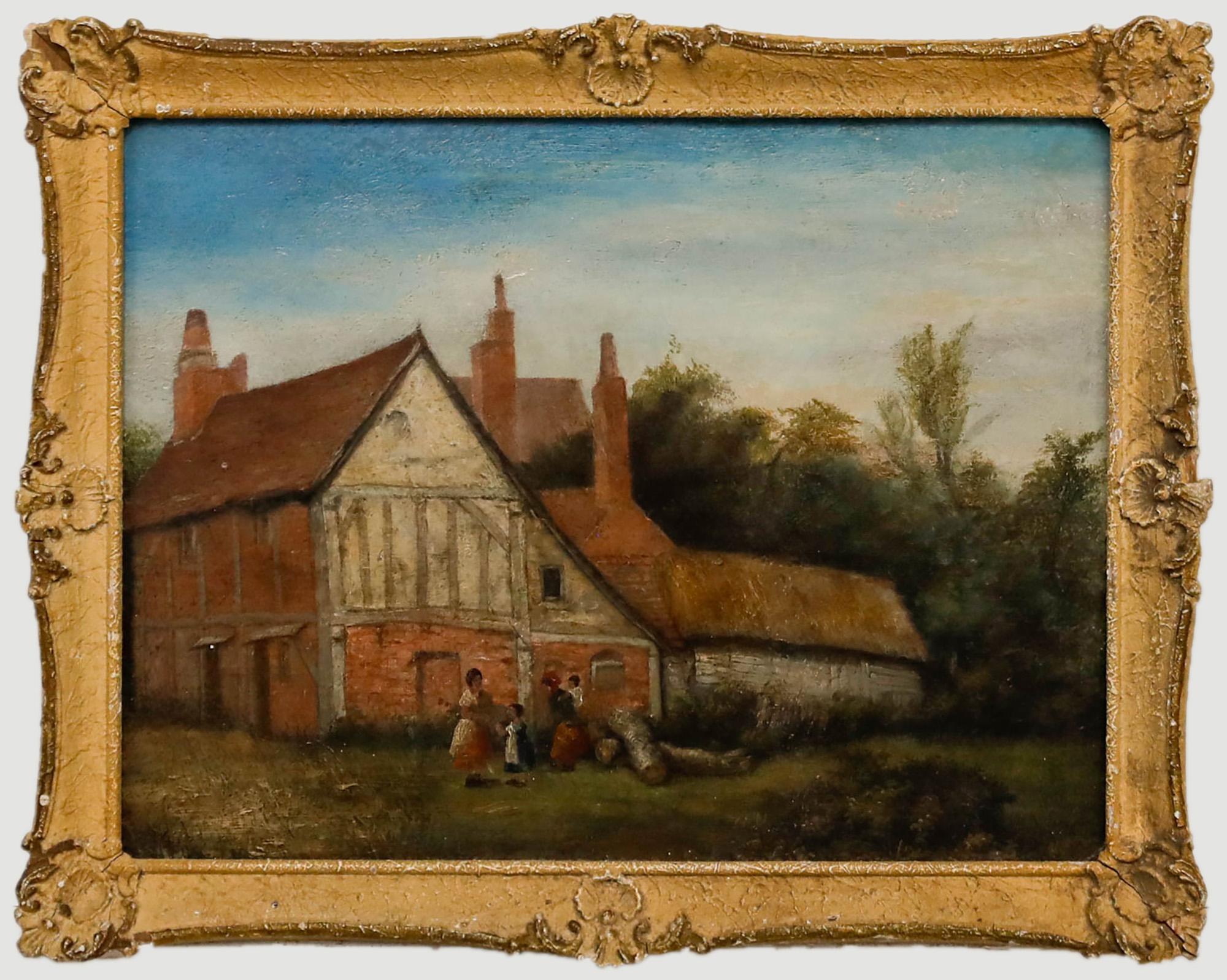 Kreis von John Anthony Puller (1799-1886) – Öl, Figuren eines Bauernhauses in Suffolk
