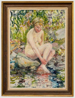 Flodman - 20e siècle Huile, Baigneuse dans The Rock Pool