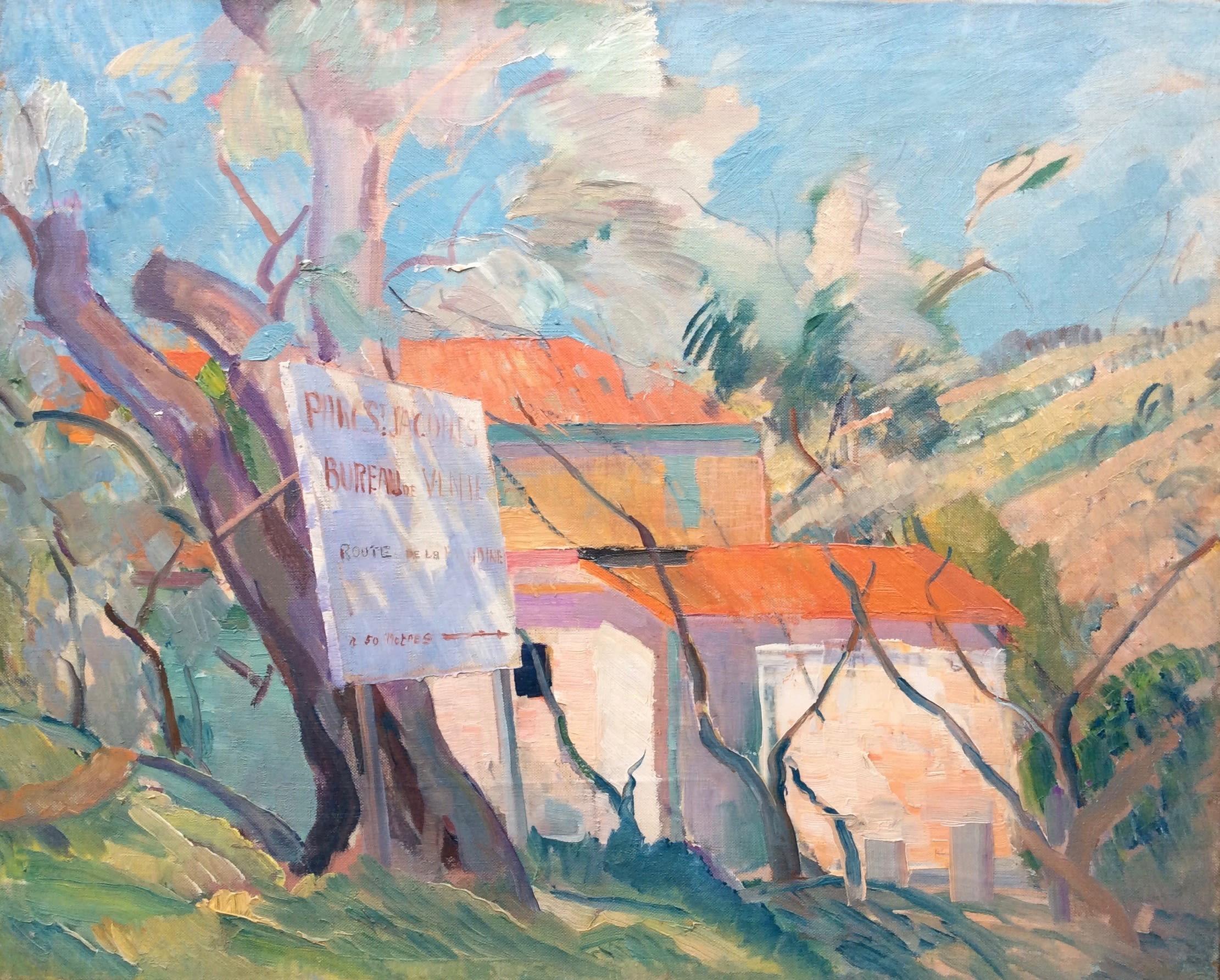 Paisaje francés con letrero, pintura al óleo sobre lienzo de Robin Wallace, hacia 1937 - Painting de  Ali Alışır