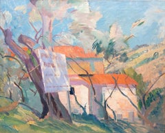 Französische Landschaft mit Schild, Öl auf Leinwand Gemälde von Robin Wallace, um 1937