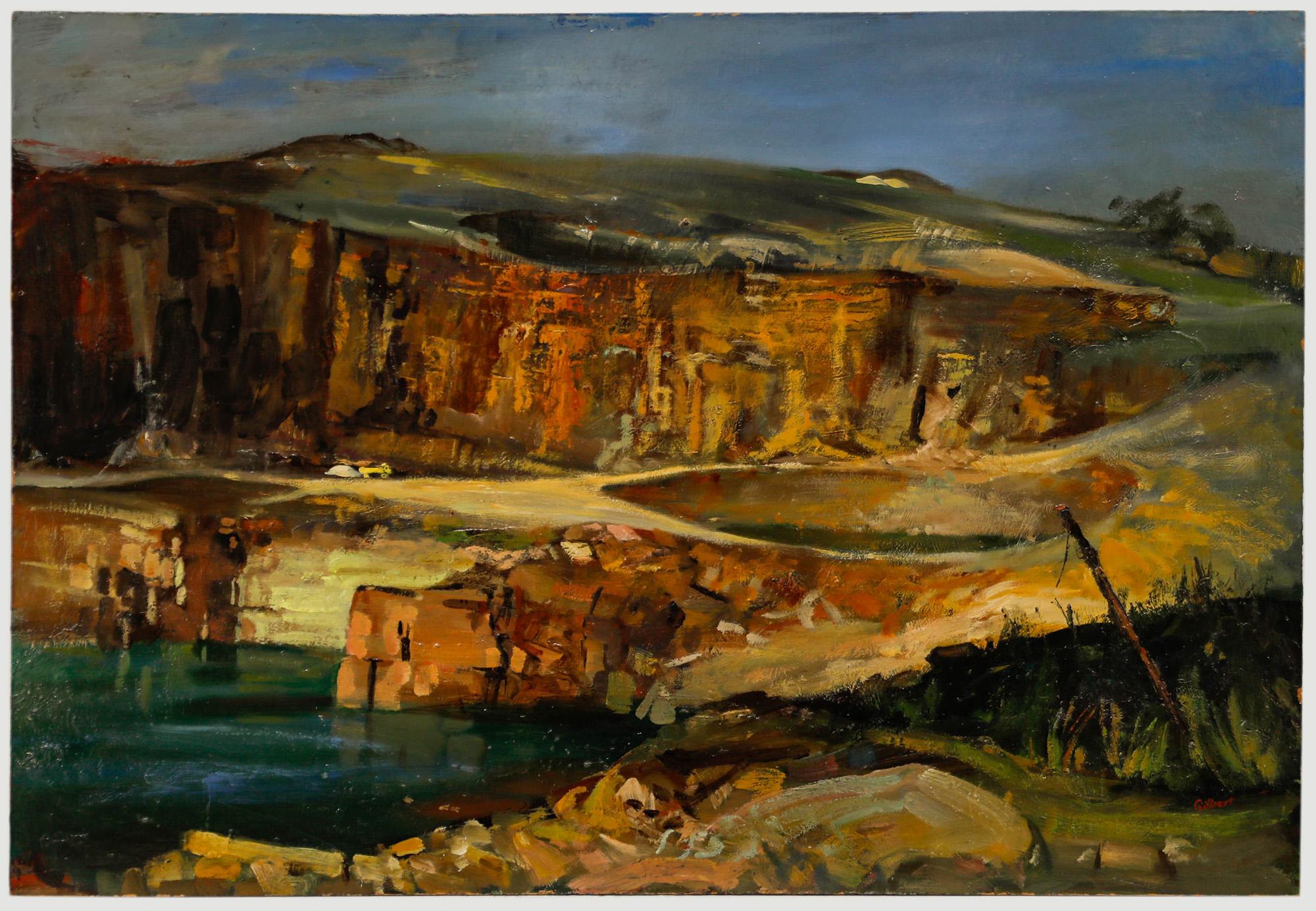 Landscape Painting di  Ali Alışır - Gilbert - Olio del XX secolo, Bacino di Winscar, Ponte di Dunford