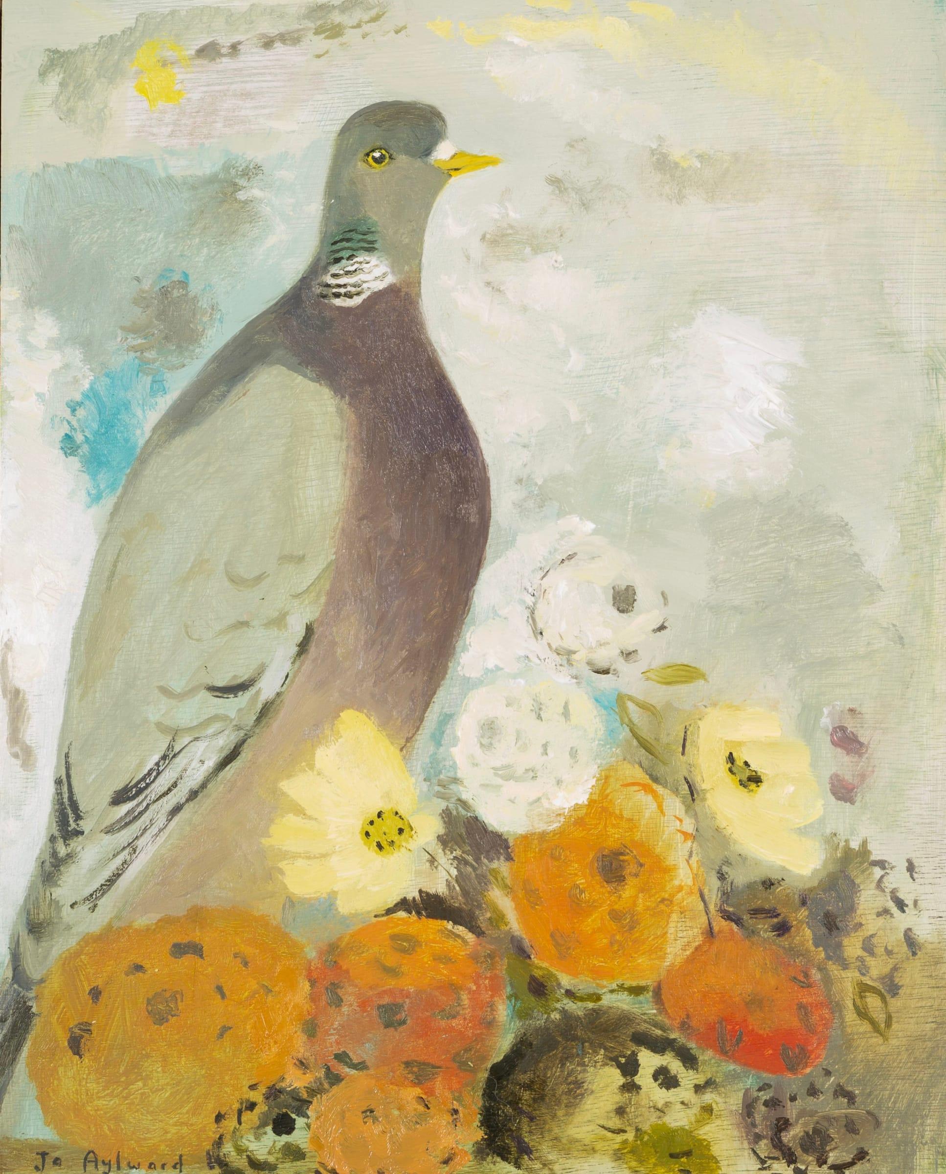 Animal Painting di  Ali Alışır - Piccione appollaiato sopra le dalie, olio su tavola di Jo Aylward, 2024