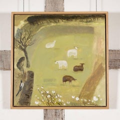 Schafe und erste Blüte des Frühlings, Öl auf Karton von Jo Aylward, 2024