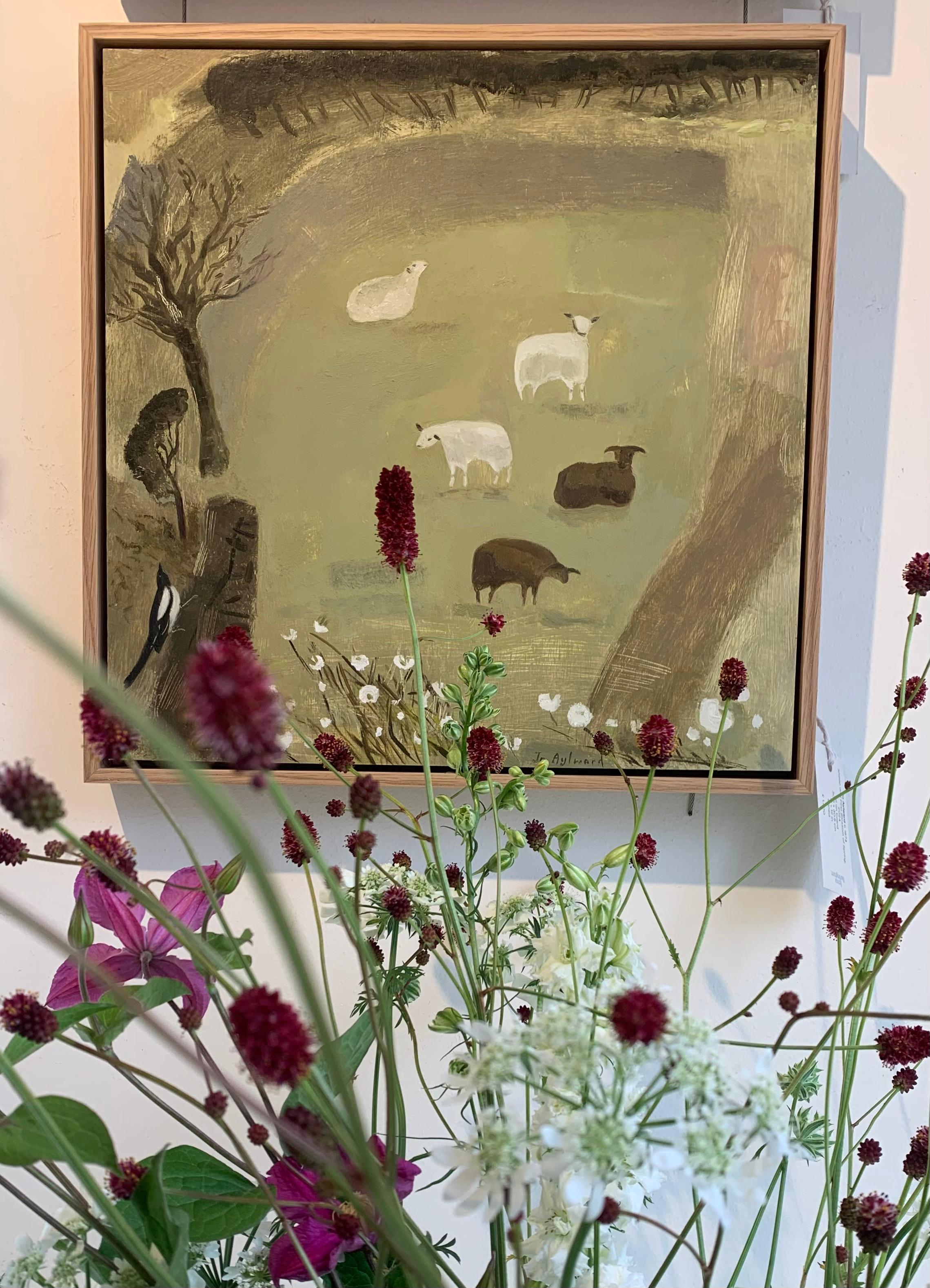 Oveja y primera flor de primavera, óleo sobre tabla de Jo Aylward, 2024 - Landscape Painting Marrón de  Ali Alışır