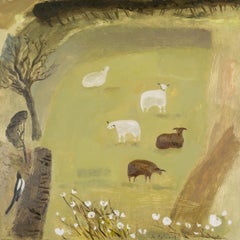 Oveja y primera flor de primavera, óleo sobre tabla de Jo Aylward, 2024