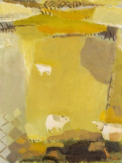 Sheep in a Patchwork of Fields, oil on board by Jo Aylward, 2024