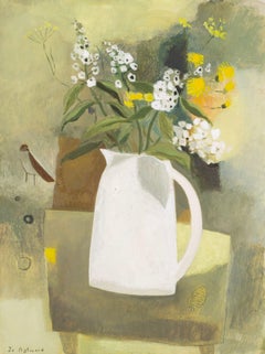 Pichet de moisson et cruche blanche, huile sur carton de Jo Aylward, 2024