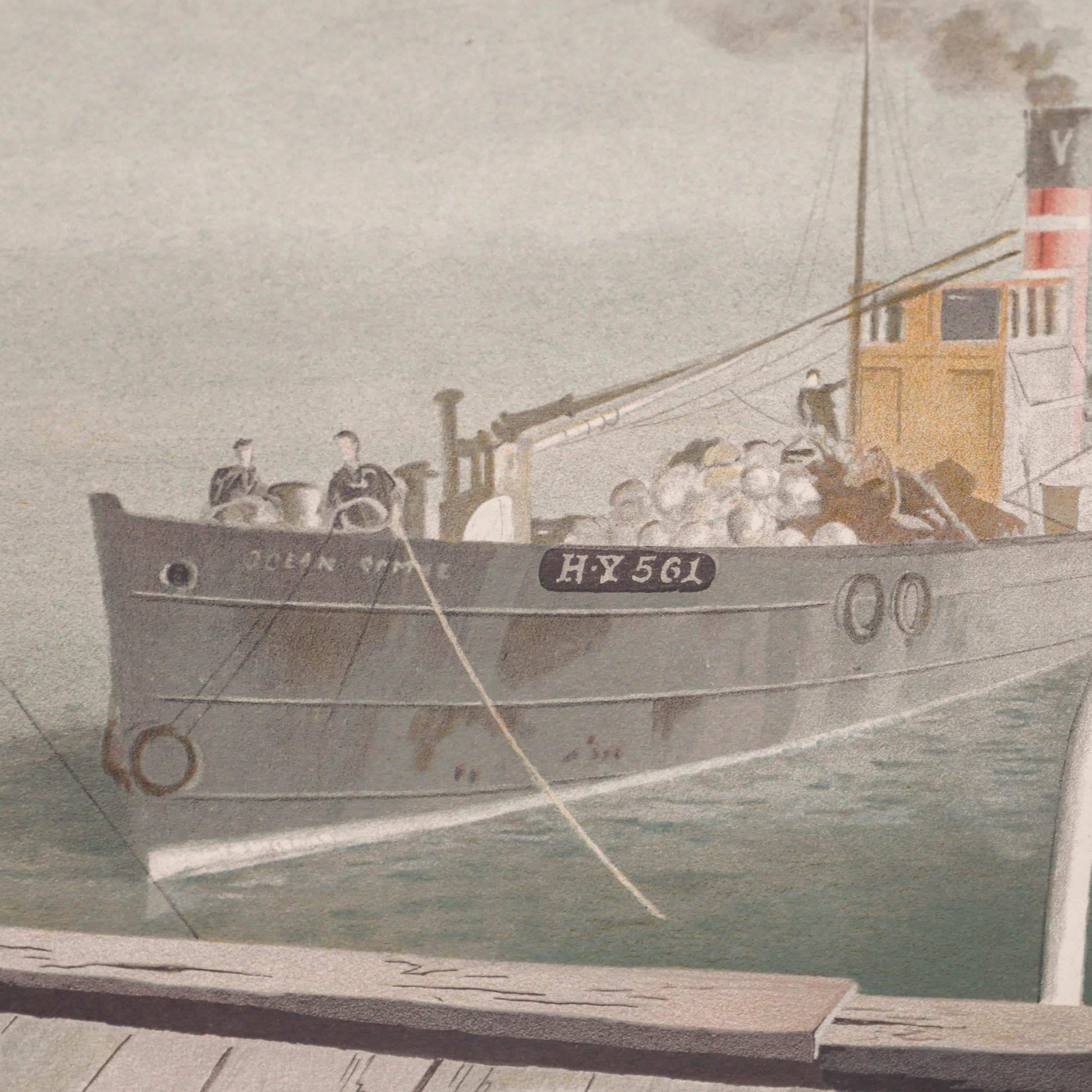 A fine lithograph print depicting a steamer coming in to dock. This work is part of the Prints for Schools series. The purpose of Prints for Schools was to provide schools and other public institutions with examples of work by good artists at a low