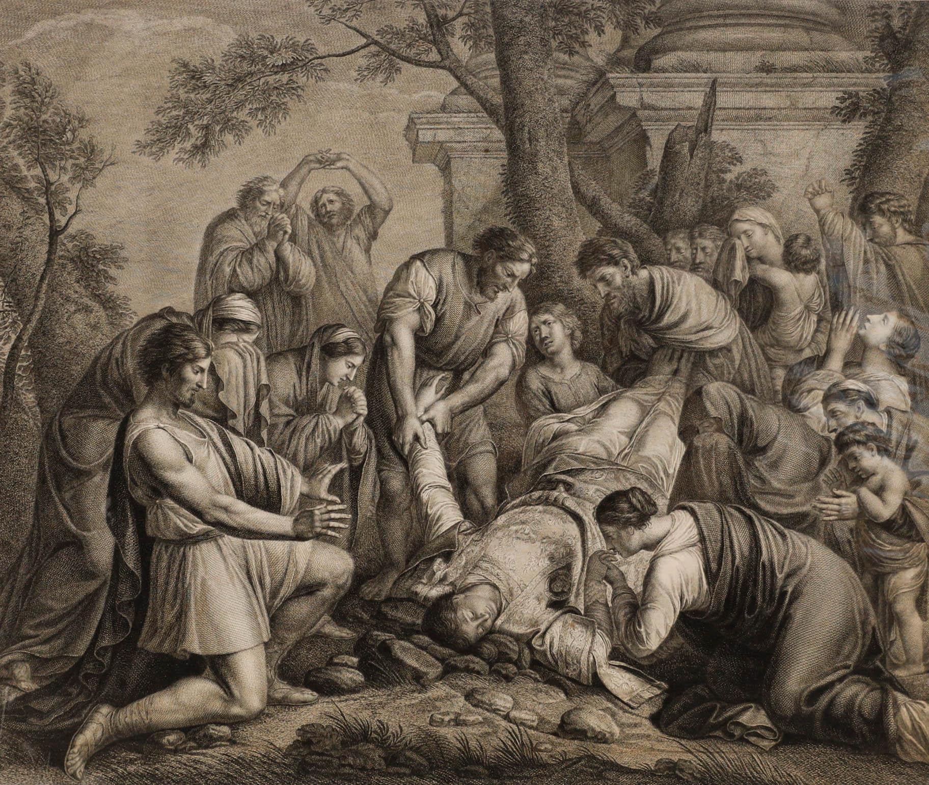 François  Aliamet dopo Le Sueur - Incisione del 1773, Martirio di Stephens - Print di  Ali Alışır