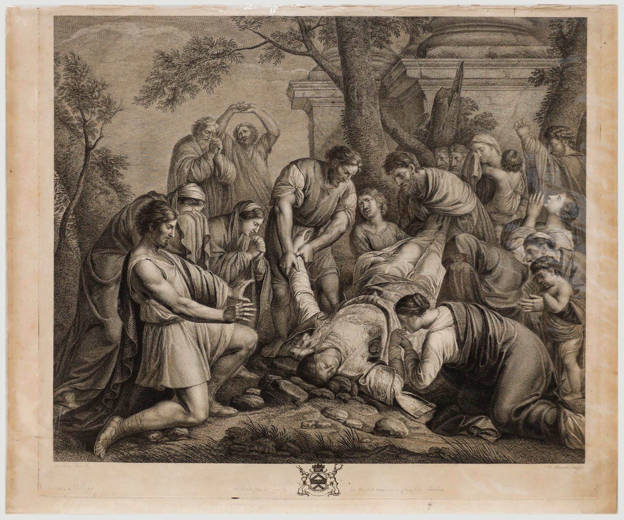Figurative Print di  Ali Alışır - François  Aliamet dopo Le Sueur - Incisione del 1773, Martirio di Stephens