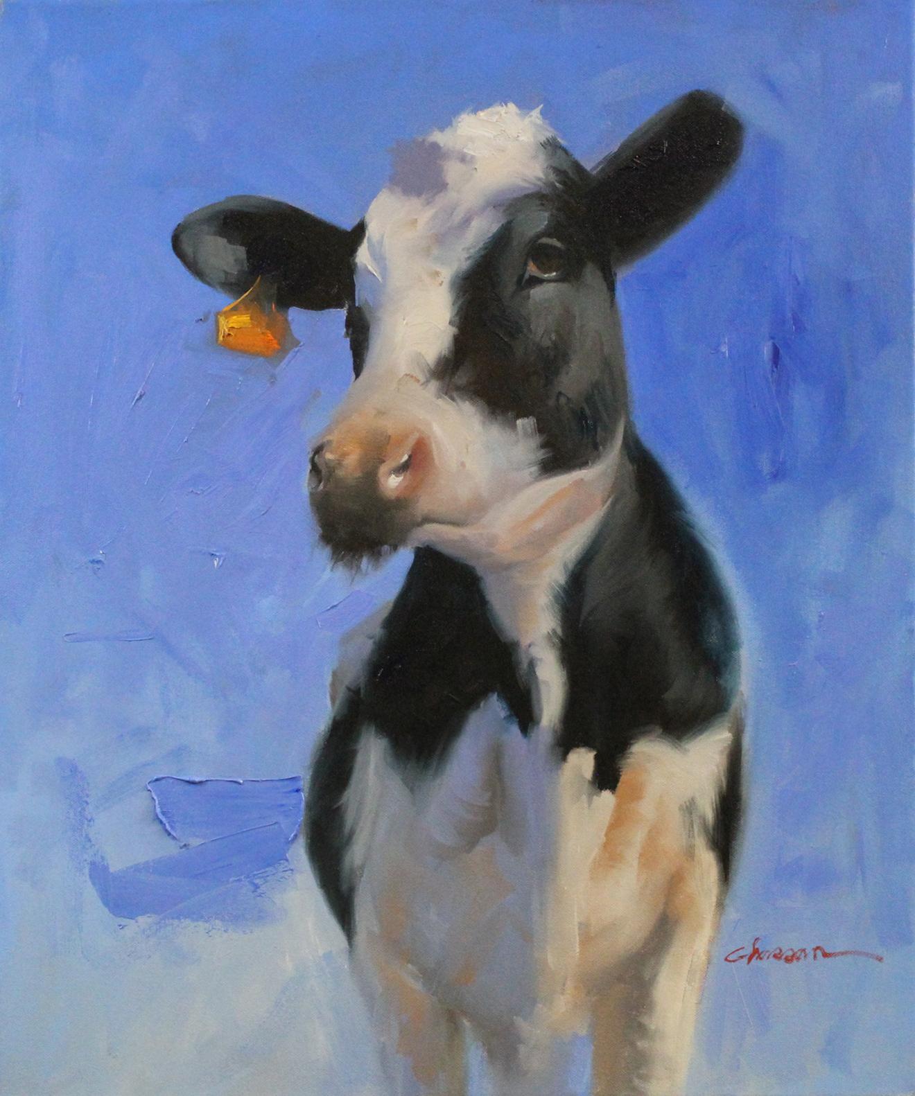 Ali Ghassan Animal Painting - "Black Cow", Oil Painting