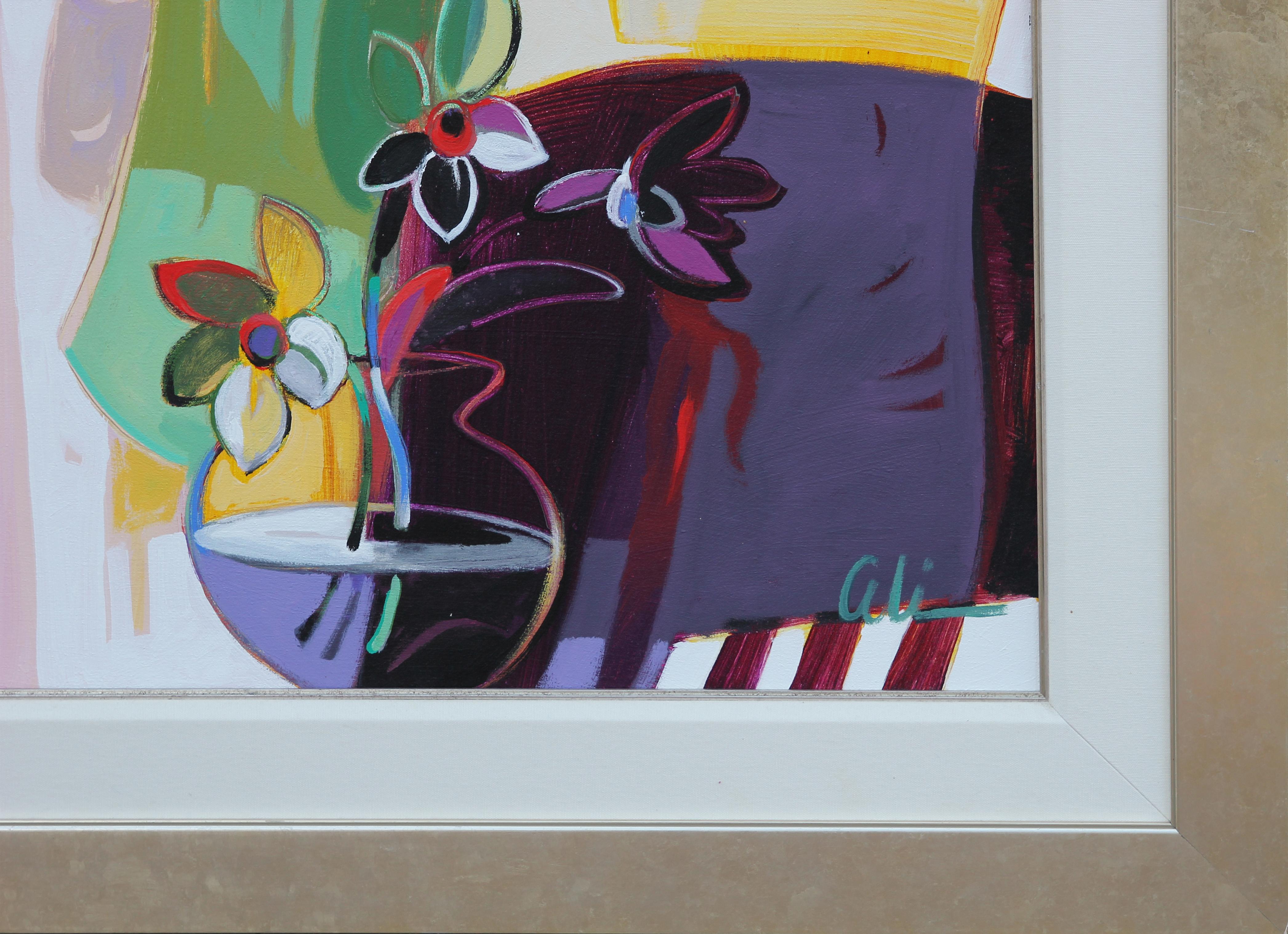 “As Night Falls” Colorful Abstract Contour Line Painting of Three Seated Women 6