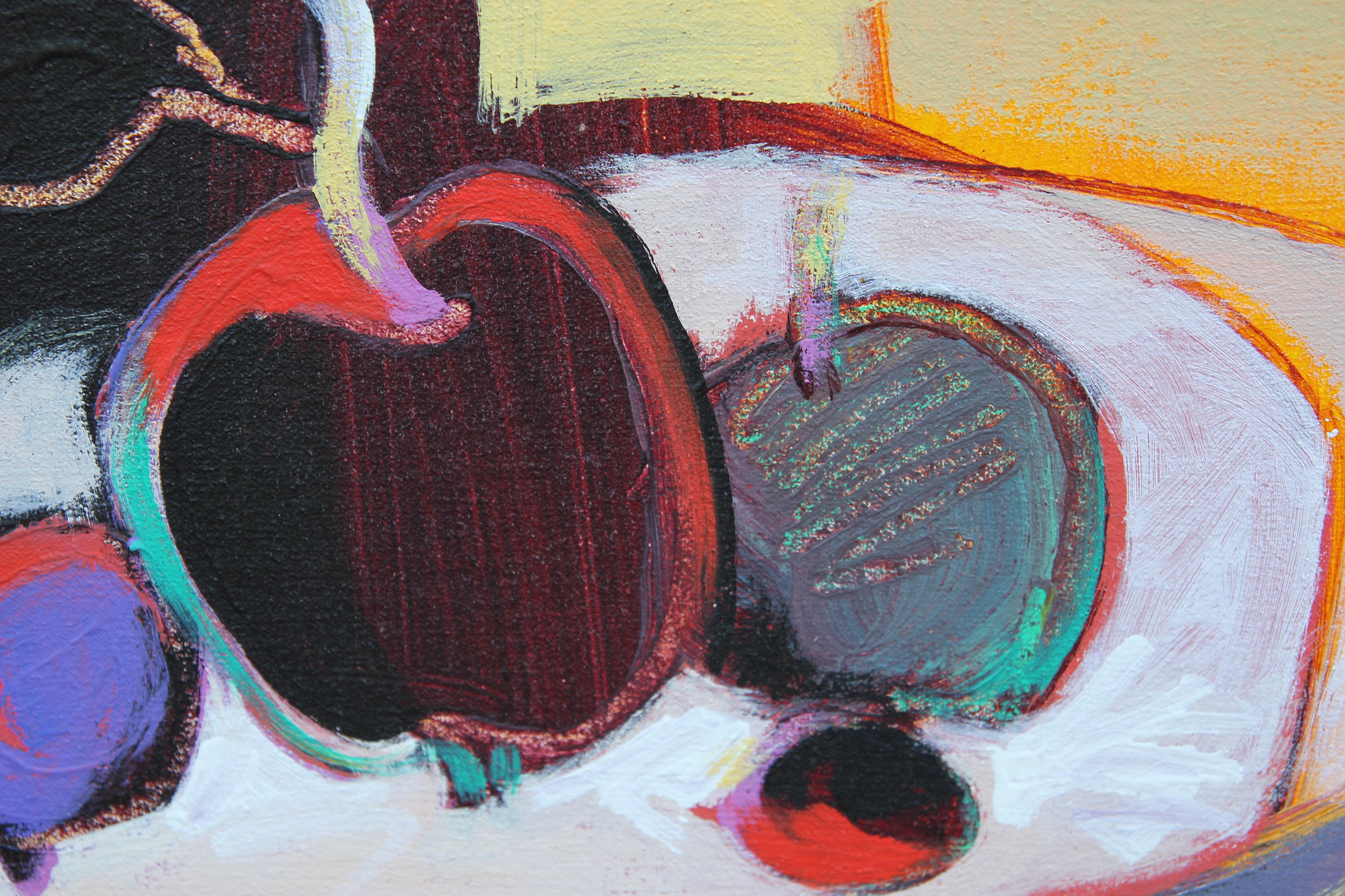 Colorful abstract contour line painting of three women seated around a table titled 