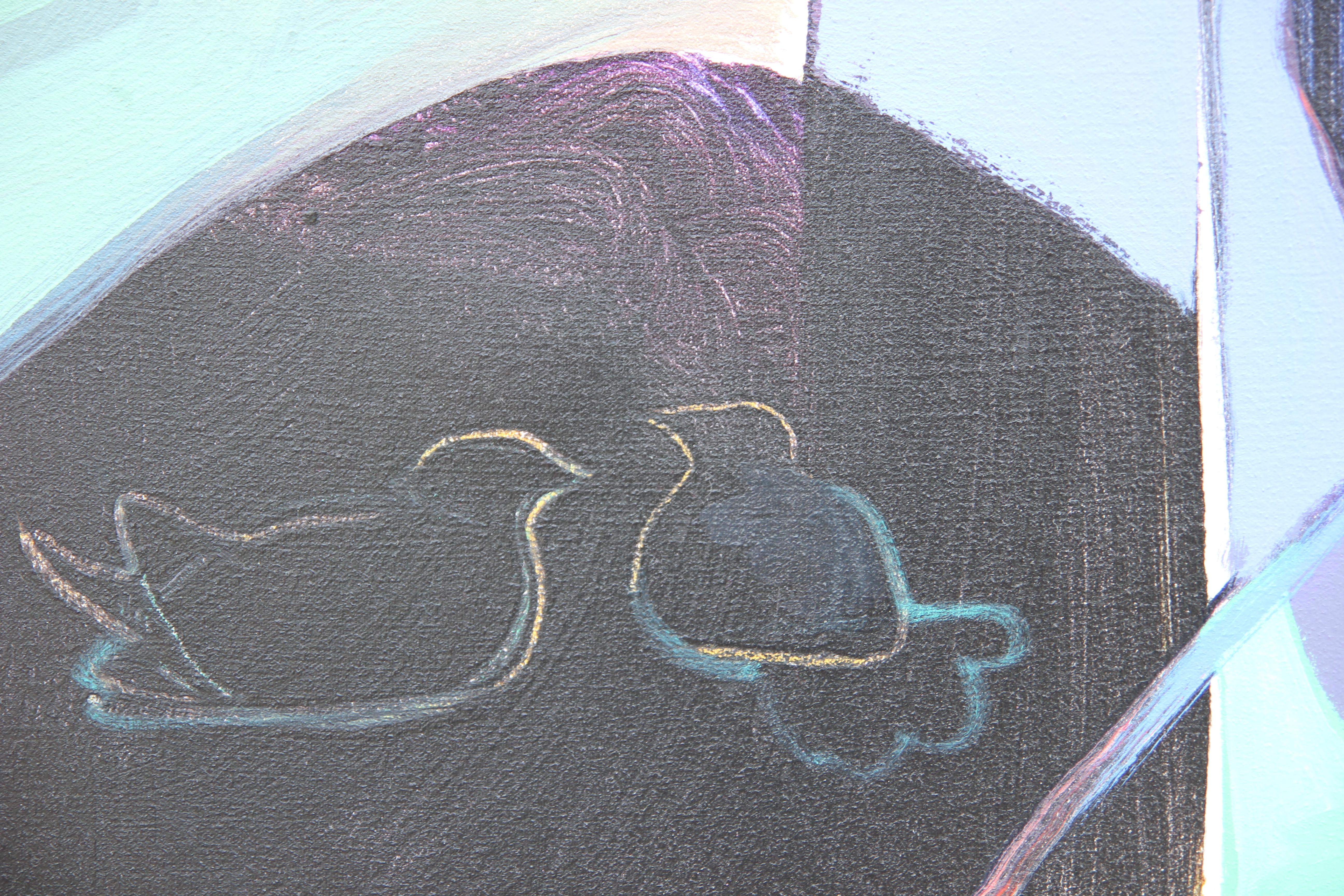 “As Night Falls” Colorful Abstract Contour Line Painting of Three Seated Women 1