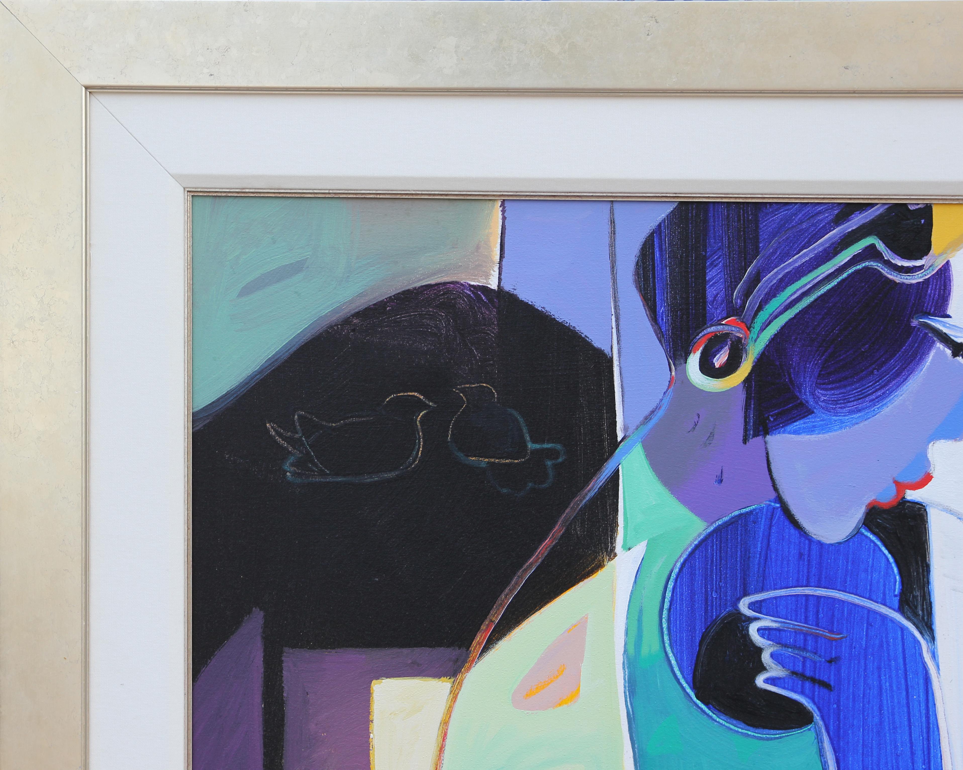 “As Night Falls” Colorful Abstract Contour Line Painting of Three Seated Women 3
