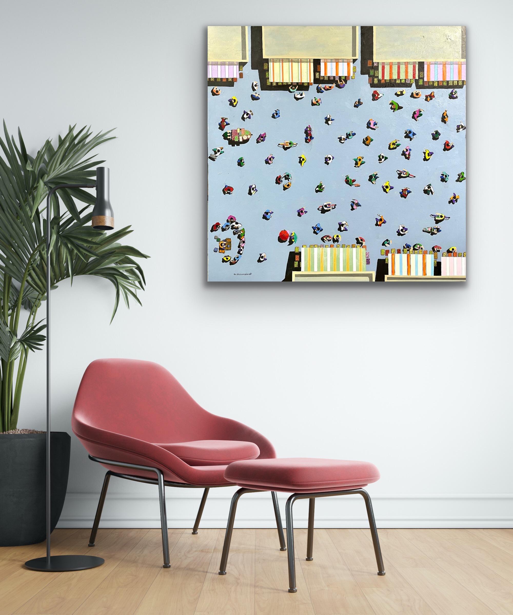 Mercato a mezzogiorno, Vista aerea, Pittura contemporanea di paesaggi urbani, Arte figurativa - Landscape Painting Grigio di Ali Mourabet 