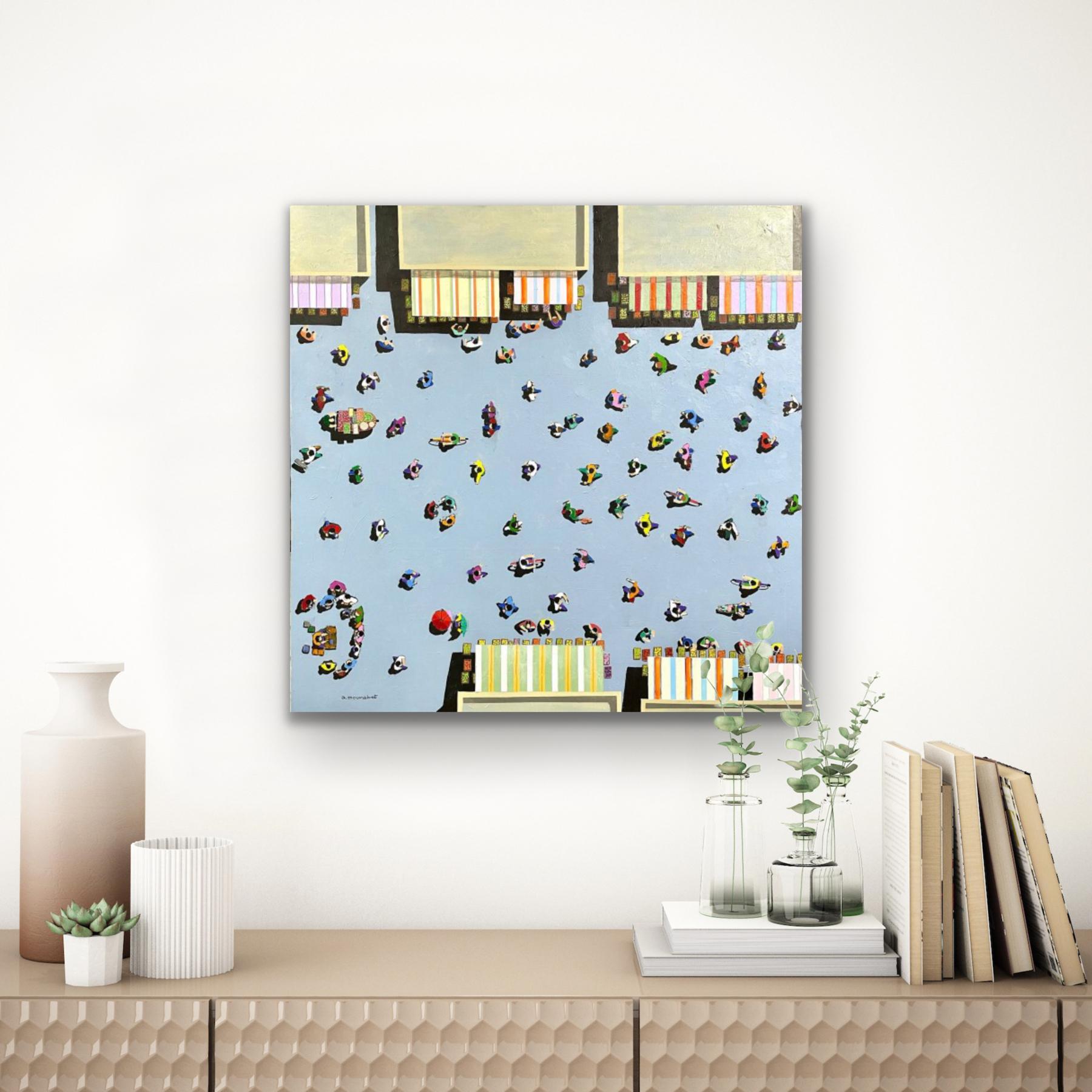Mercato a mezzogiorno, Vista aerea, Pittura contemporanea di paesaggi urbani, Arte figurativa in vendita 3