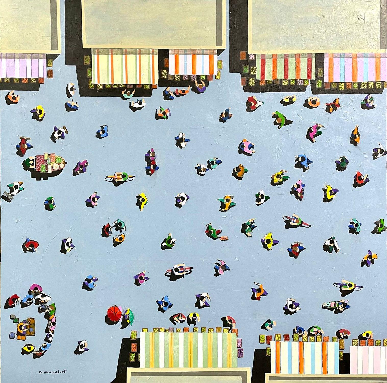 Mercado al Mediodía, Arte Vista Aérea, Pintura Contemporánea Paisaje Urbano, Arte Figurativo