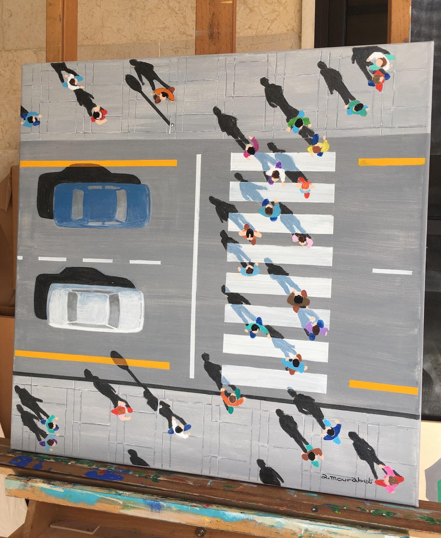Bustle, Pintura aérea, Arte contemporáneo, Pintura original, Arte de bodegón - Figurative Painting Gris de Ali Mourabet