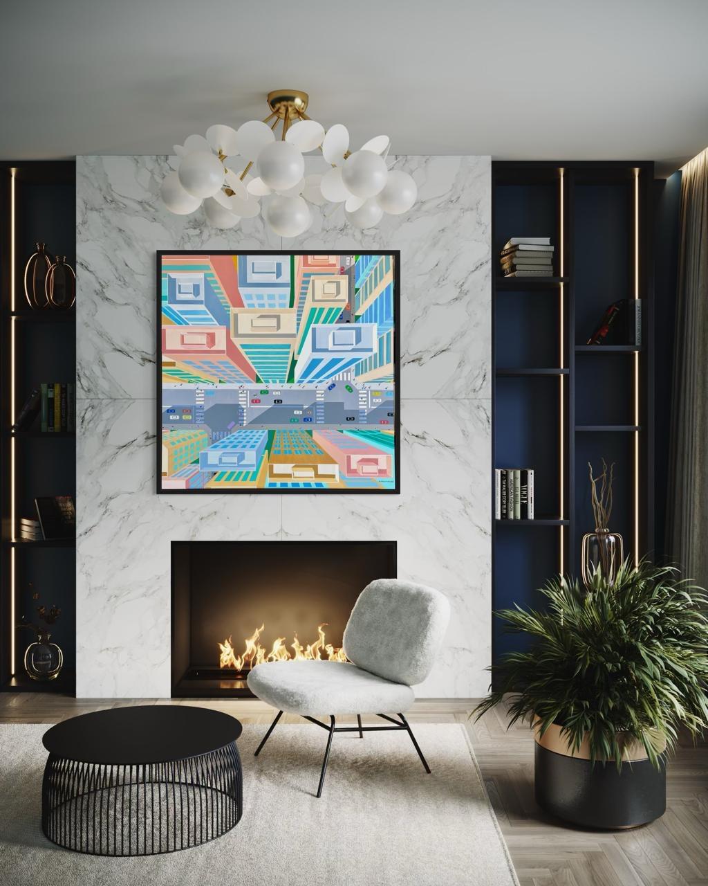 City Heights, Originalgemälde, Luftbild, Zeitgenössische Kunst – Painting von Ali Mourabet