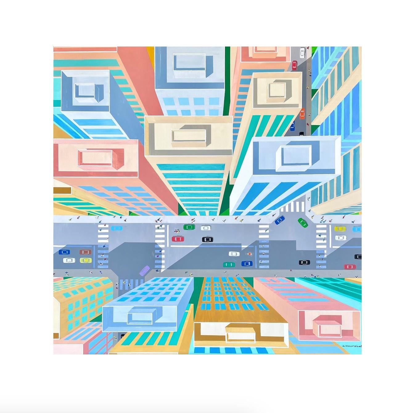 Ein imaginärer Blick auf die Stadt von oben mit hoch aufragenden Gebäuden und bunten Autos auf der Straße darunter. Alis Vorliebe für architektonische und geometrische Formen ist in diesem Werk dominant.

Acrylfarbe auf Leinwand
120 H x 120 B x 3 T