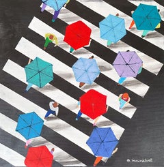 Umbrella Crossing, Birds Eye View Landscape Painting, Colourful Original Artwork