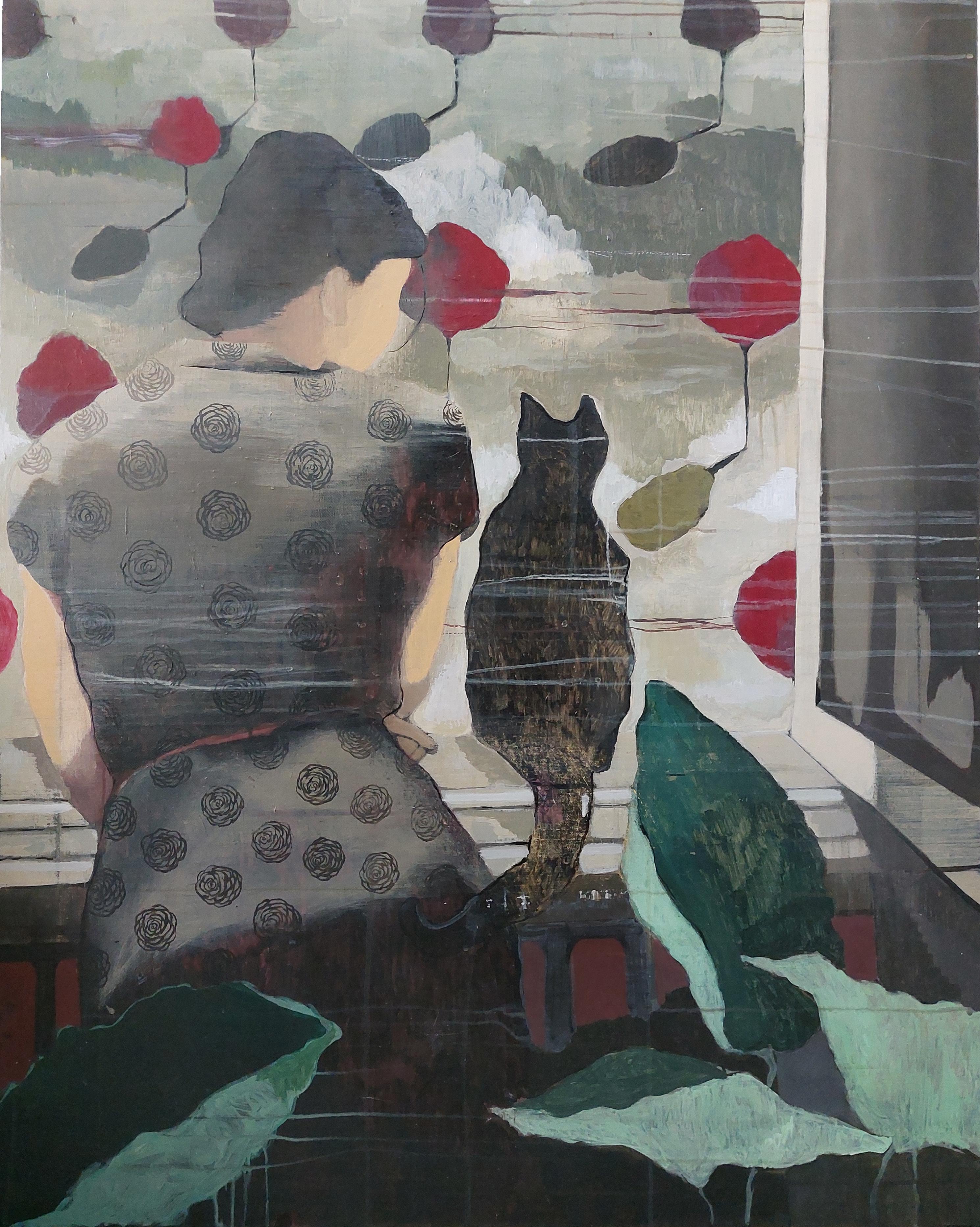 Ragazza con gatto che guarda fuori dalla finestra - Pittura, acrilico su tela - Painting di Aliaa Essam
