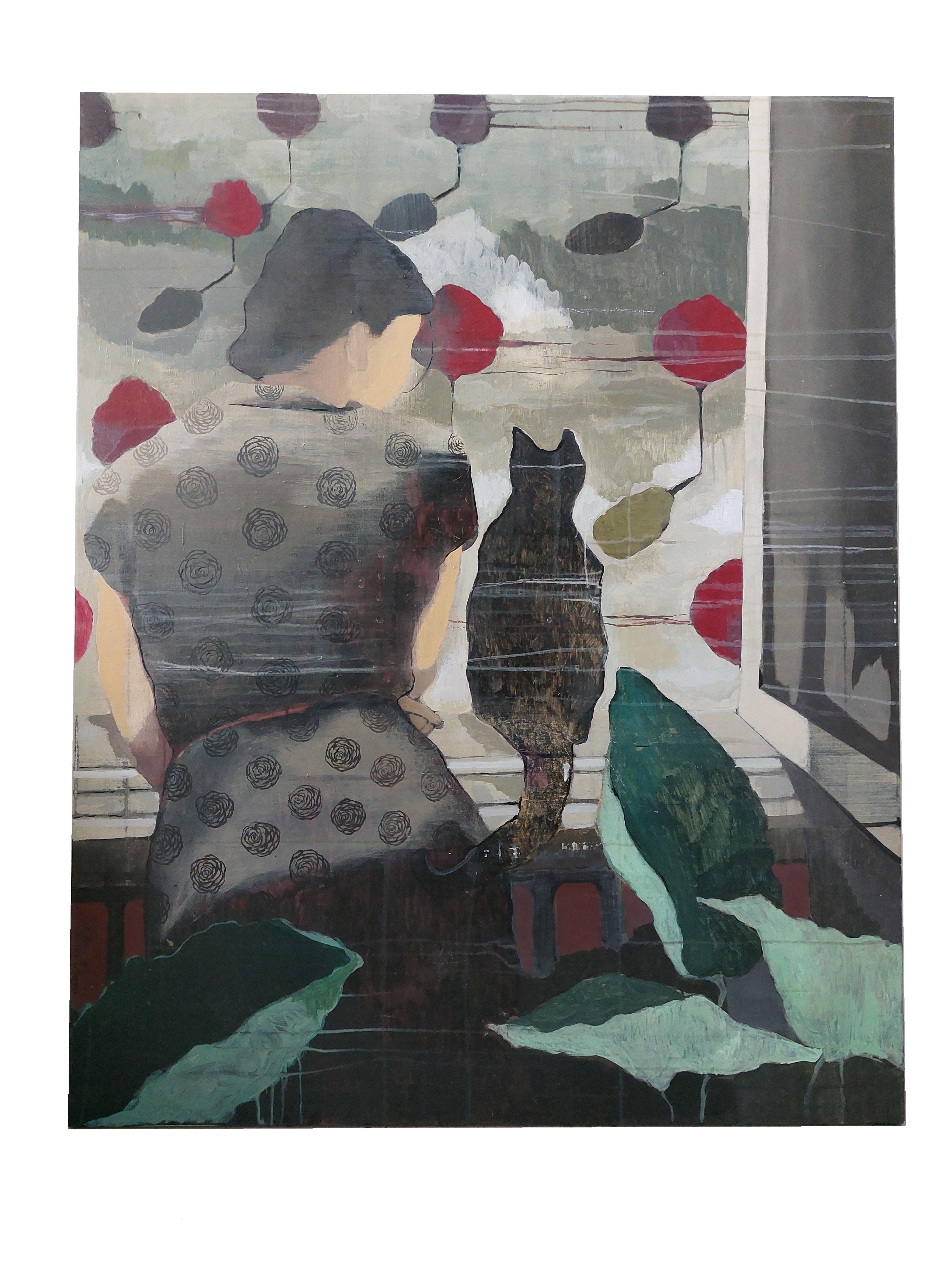 Ragazza con gatto che guarda fuori dalla finestra - Pittura, acrilico su tela - Painting Contemporaneo di Aliaa Essam
